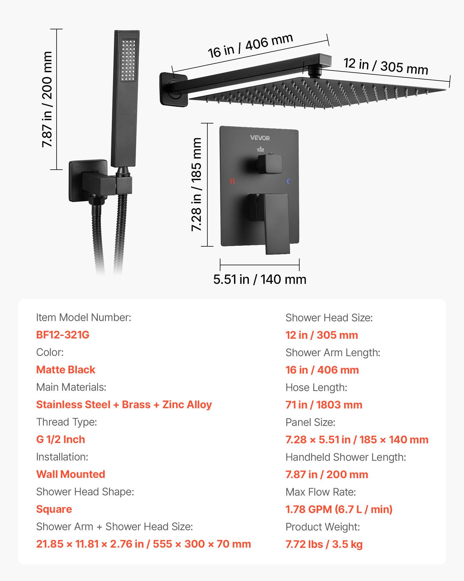 VEVOR Kit de Douche avec Douchette de Tête Carrée 30,5 cm et à Main Noir Mat - Image 7