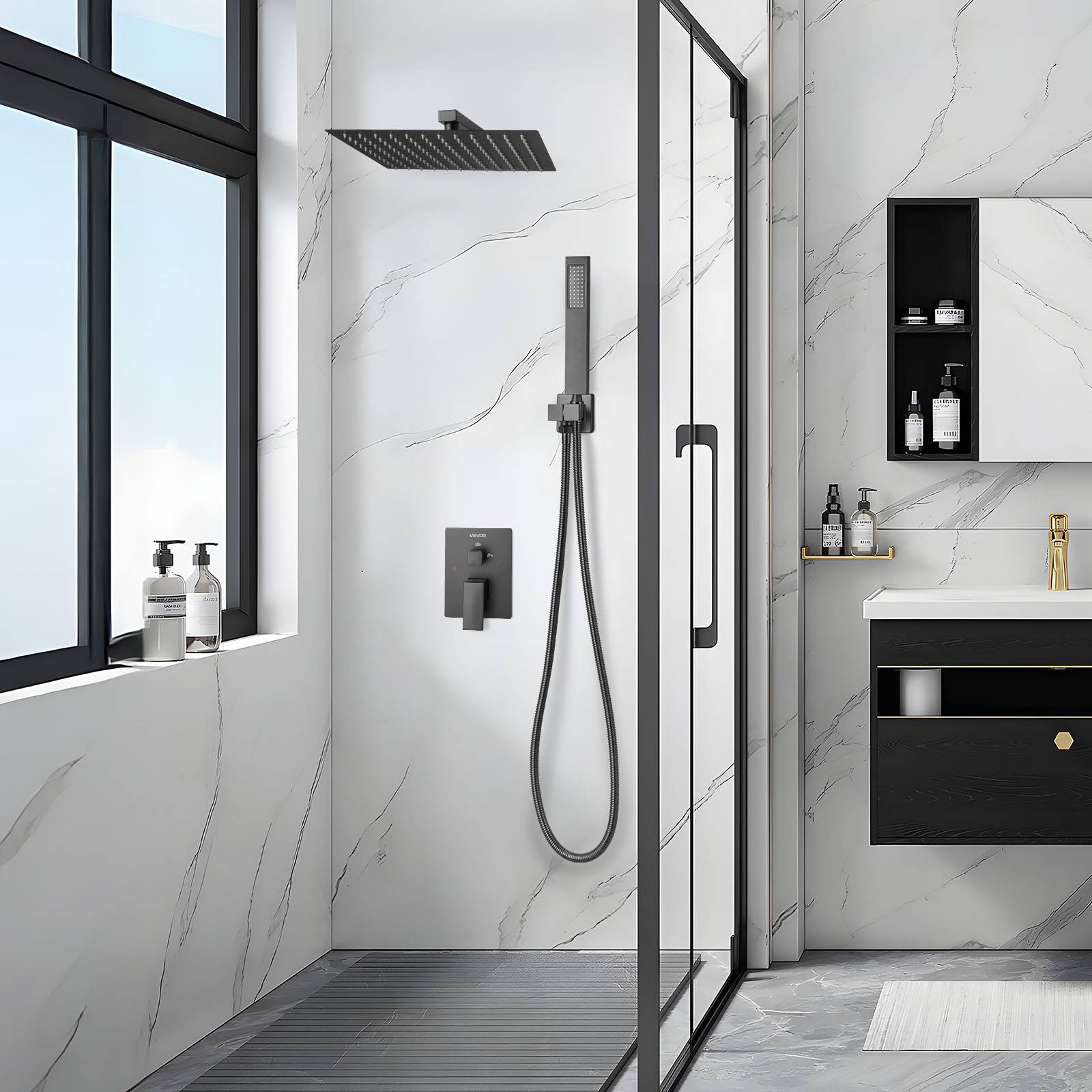 VEVOR Kit de Douche avec Douchette de Tête Carrée 30,5 cm et à Main Noir Mat - Image 8