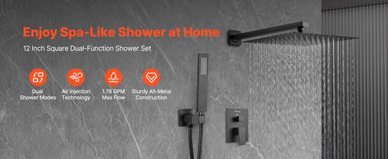 VEVOR Kit de Douche avec Douchette de Tête Carrée 30,5 cm et à Main Noir Mat - Image 9