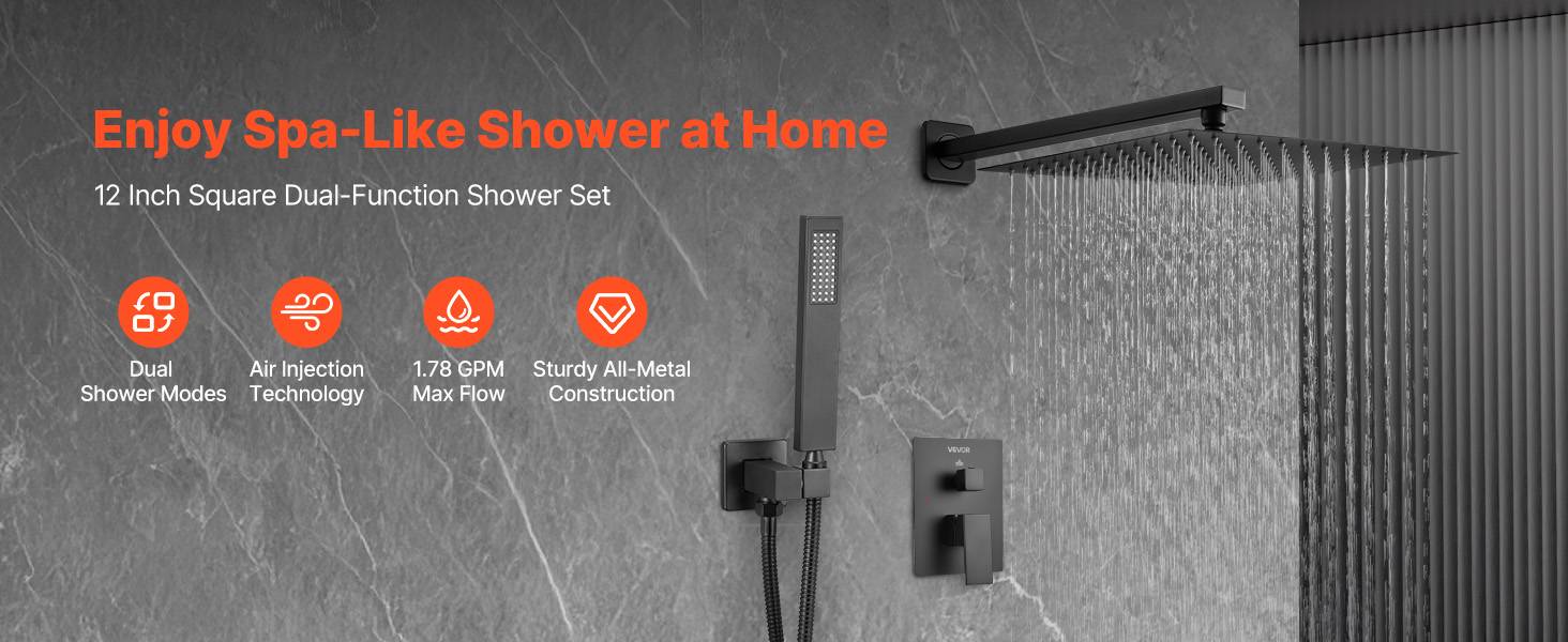 VEVOR Kit de Douche avec Douchette de Tête Carrée 30,5 cm et à Main Noir Mat - Image 9