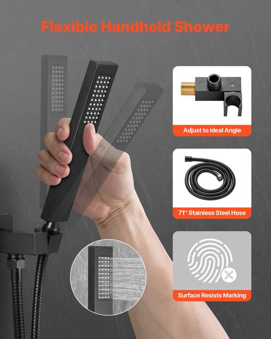 VEVOR Kit de Douche avec Douchette de Tête Carrée 30,5 cm et à Main Noir Mat - Image 3
