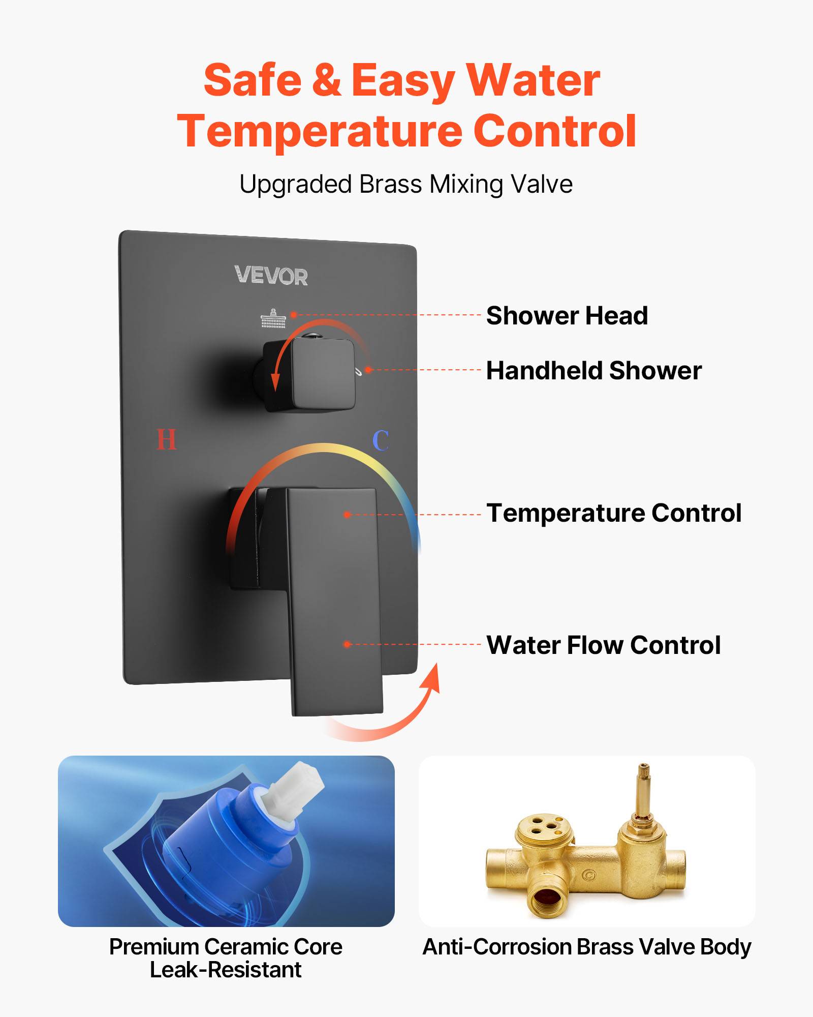VEVOR Kit de Douche avec Douchette de Tête Carrée 30,5 cm et à Main Noir Mat - Image 5