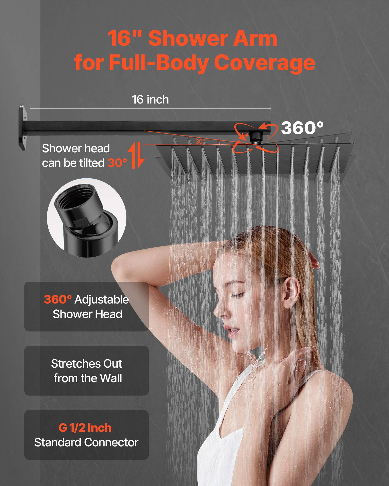 VEVOR Kit de Douche avec Douchette de Tête Carrée 30,5 cm et à Main Noir Mat - Image 4