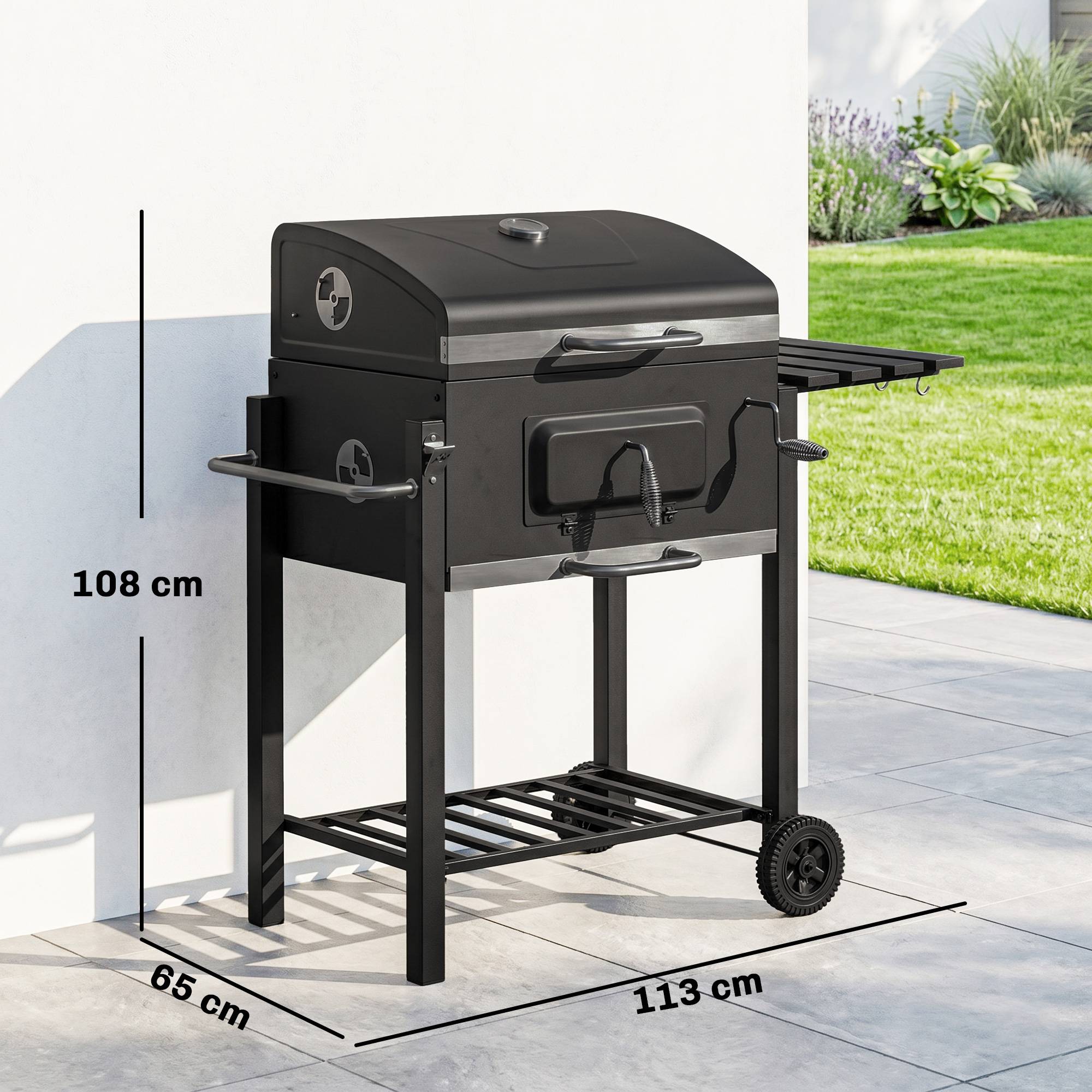 Sans Marque - Fumoir-barbecue à charbon de bois, 1 étagère, 1 porte-serviettes, 2 grilles de cuisson, 113 cm x 65 cm x 108 cm, noir - Image 5