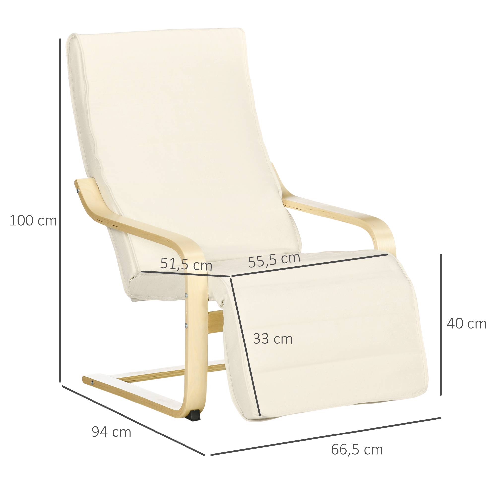Fauteuil inclinable à bascule, avec repose-pieds réglable, en bois de bouleau, blanc crème - Image 3