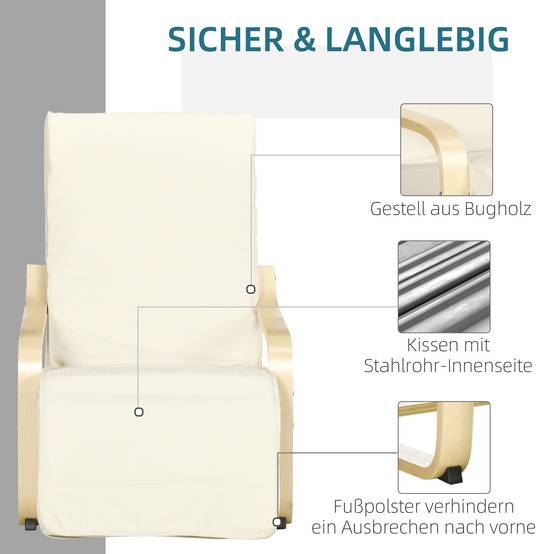 Fauteuil inclinable à bascule, avec repose-pieds réglable, en bois de bouleau, blanc crème - Image 6