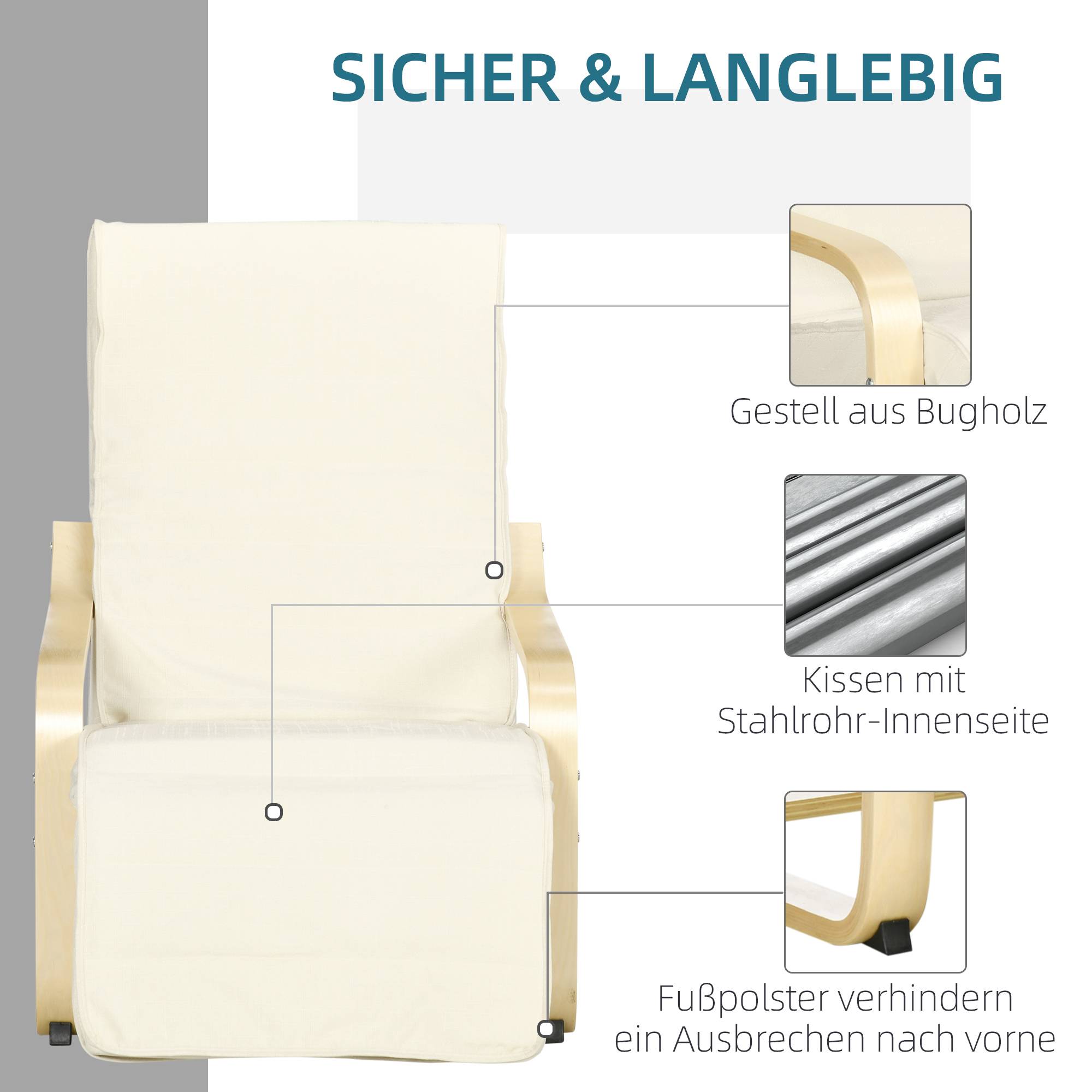 Fauteuil inclinable à bascule, avec repose-pieds réglable, en bois de bouleau, blanc crème - Image 6