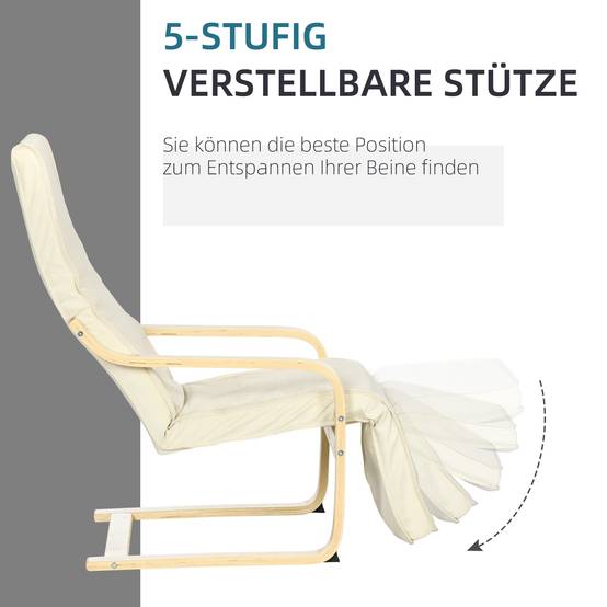 Fauteuil inclinable à bascule, avec repose-pieds réglable, en bois de bouleau, blanc crème - Image 4