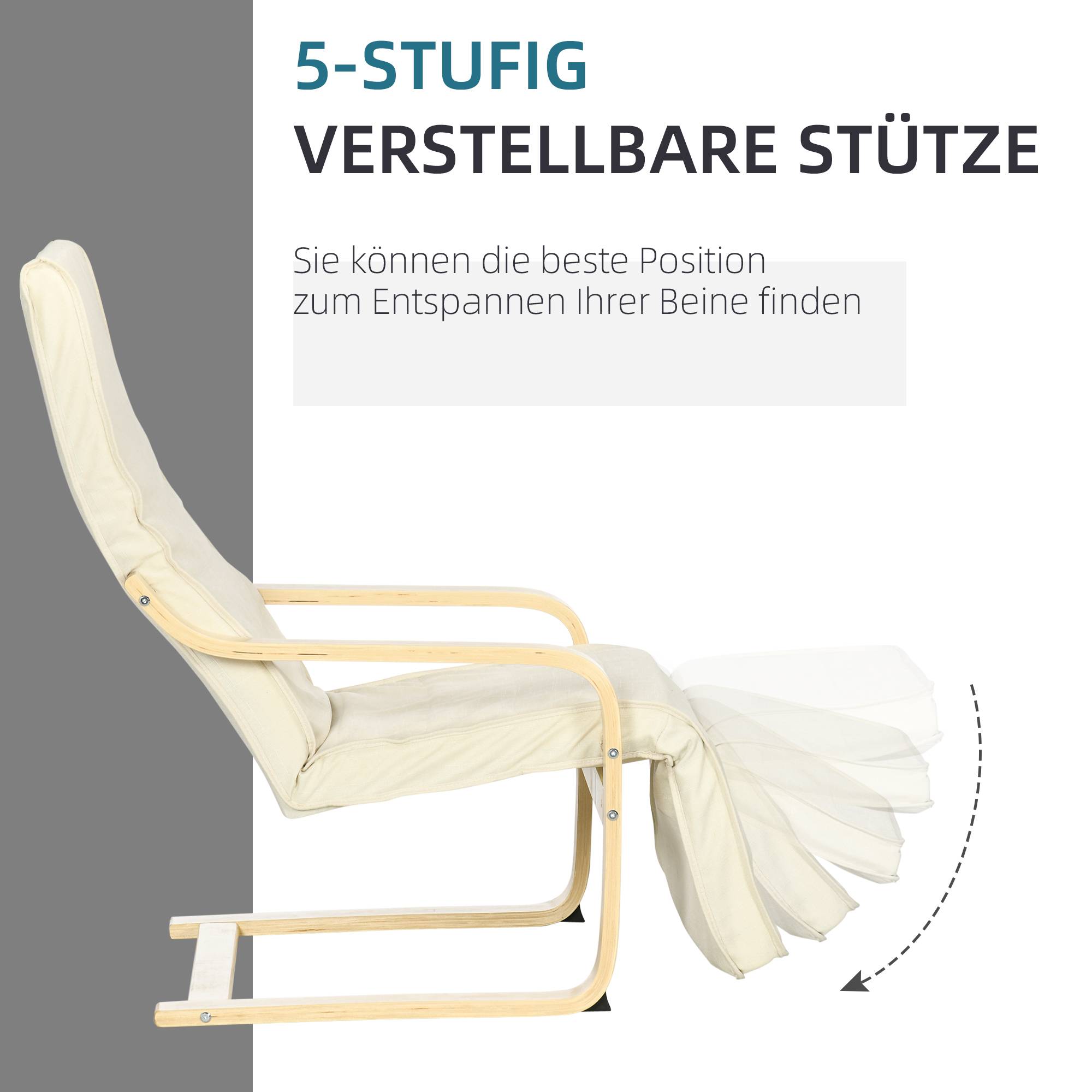 Fauteuil inclinable à bascule, avec repose-pieds réglable, en bois de bouleau, blanc crème - Image 4