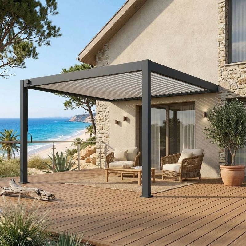 Ombrea - Pergola Bioclimatique Ombréa adossée collection VS 4x4M - Anthracite/Blanc - V2 - Image 9