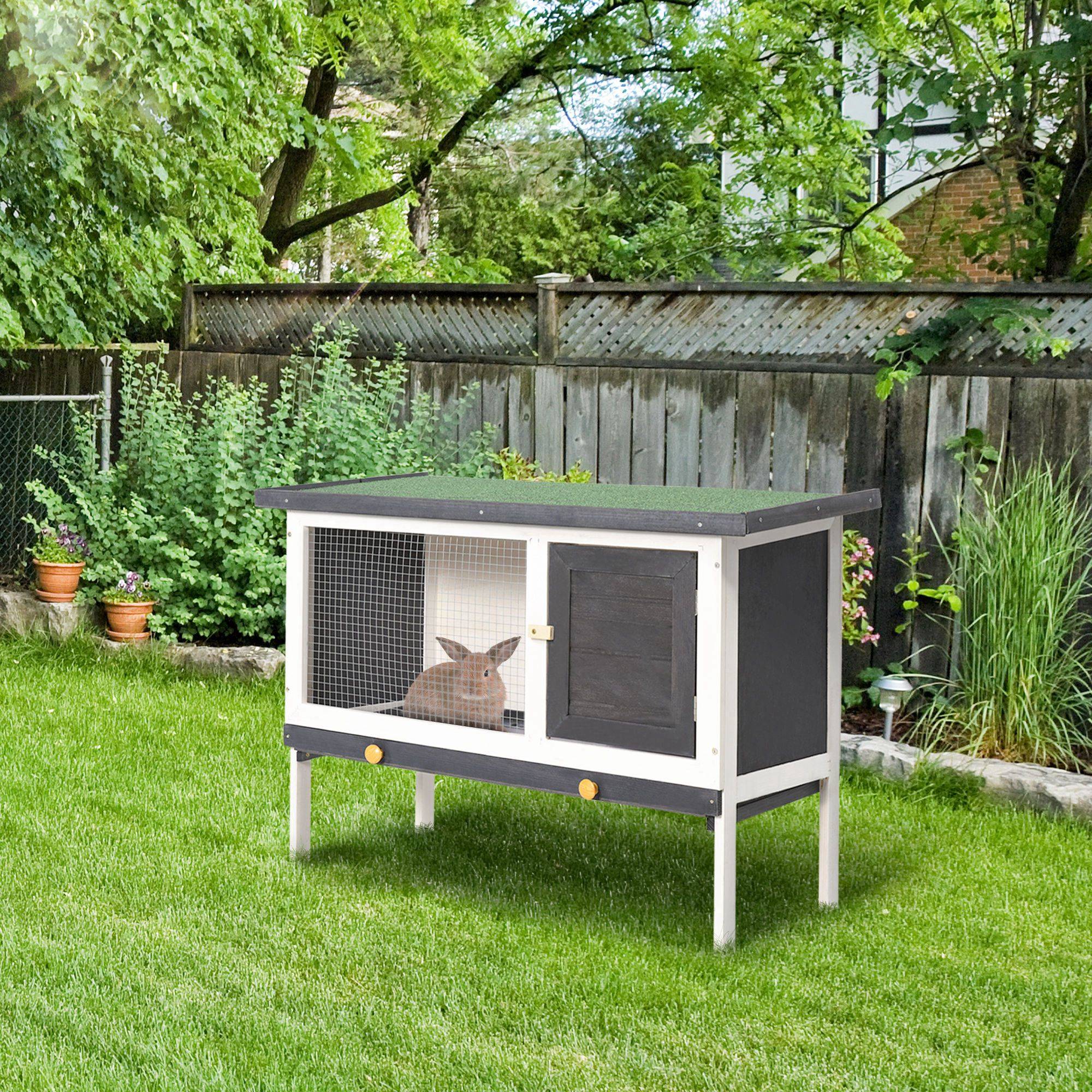 Clapier en Bois Surélevé pour Lapin et Cochon d'Inde Toit Ouvrant Étanche 90 cm Gris Foncé - ComfortXL Outdoor Living - Image 4
