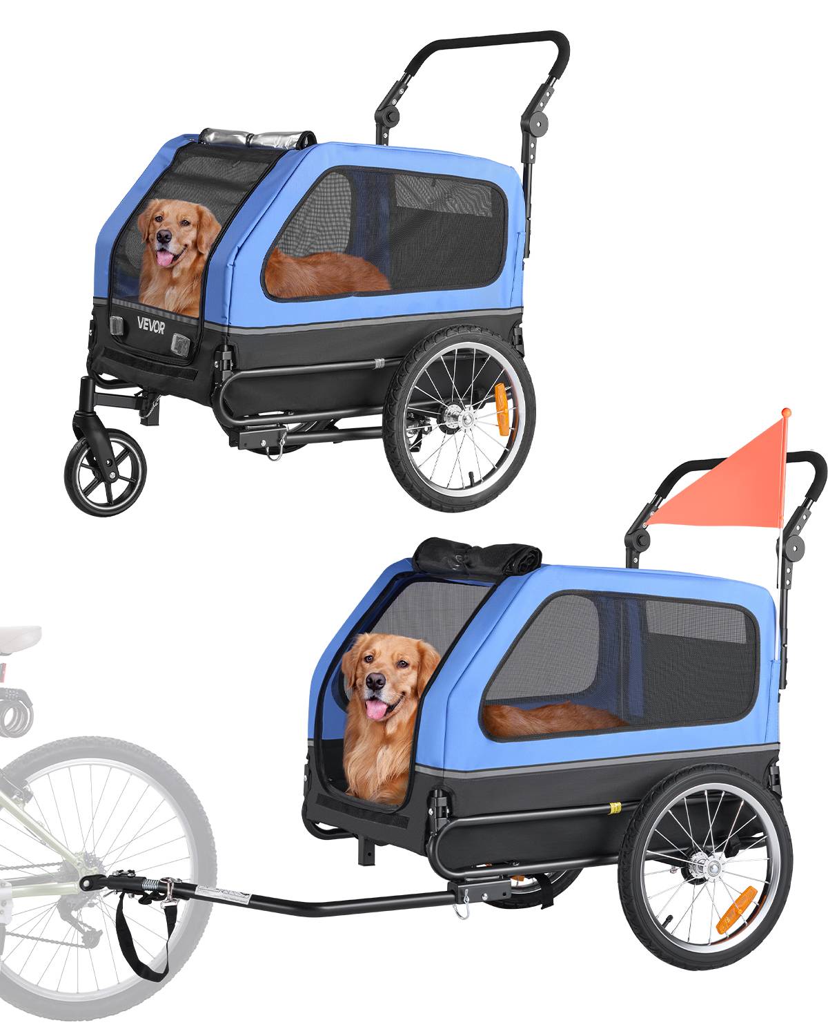 VEVOR Remorque vélo chien poussette pour animaux 2 en 1 40 kg résistant à l'eau