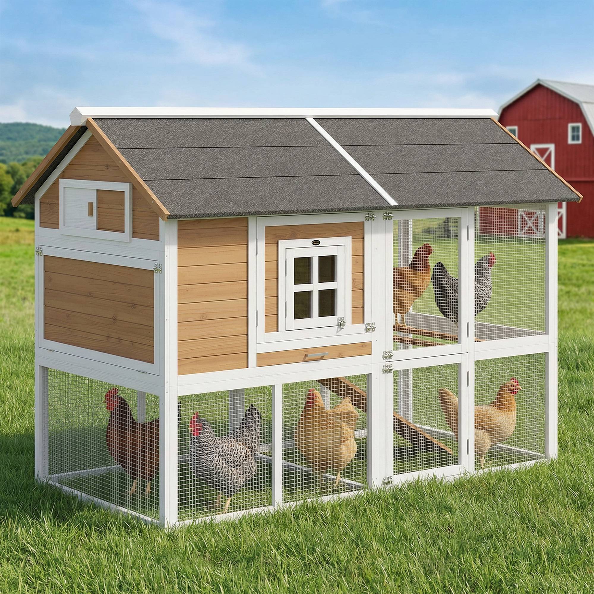 Sans Marque - Poulailler enclos extérieur pondoir tiroir amovible toit asphalte 4 poules 200x104x145 cm bois marron - Image 3