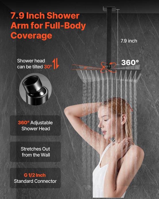 VEVOR Kit Robinet de Douche avec Douchette de Tête 25,4 cm et à Main Noir Mat - Image 4