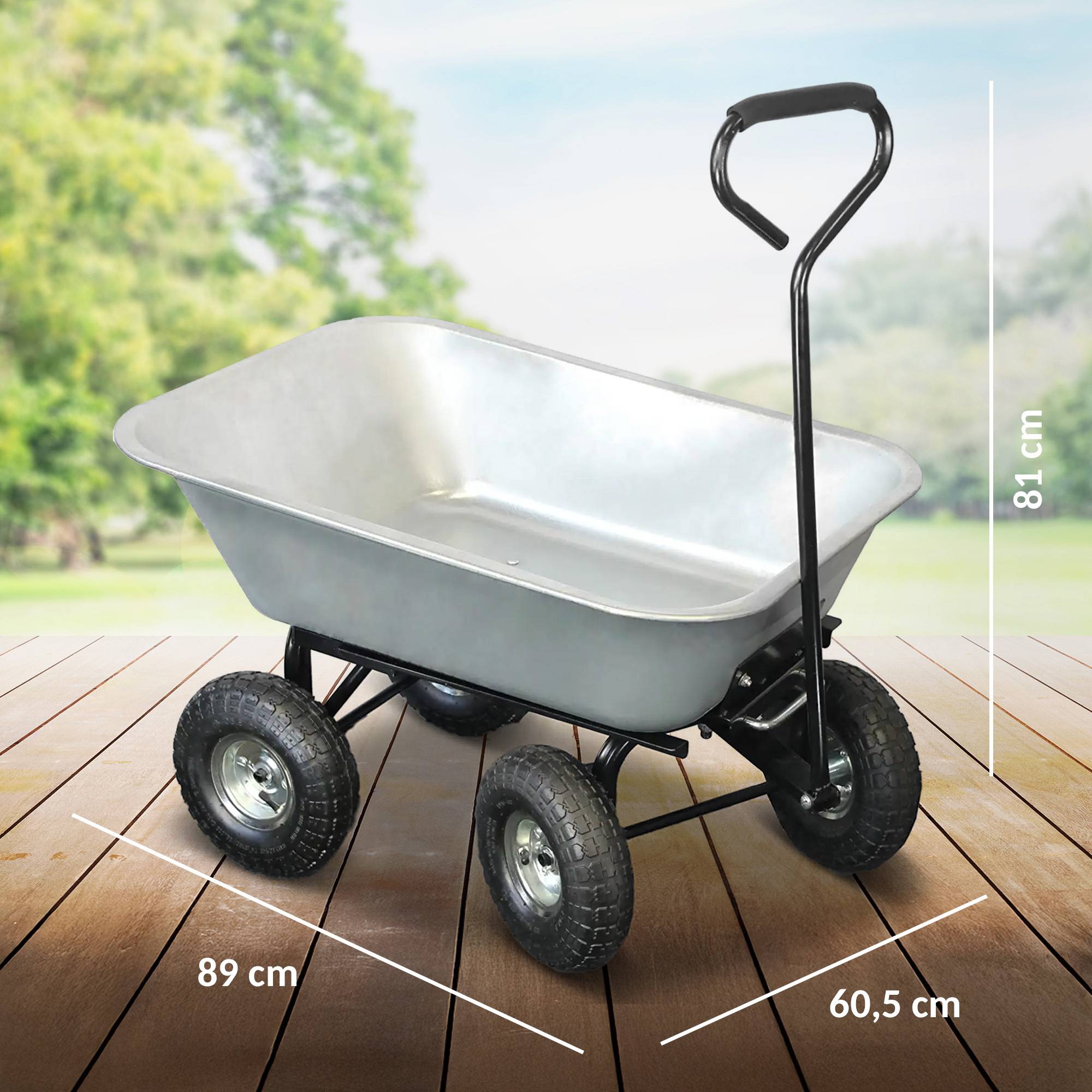 Brouette De Jardin 4 Roues 75 L Benne Basculante Métal Galvanisé Roues Gonflables Charge 250 kg - Image 2