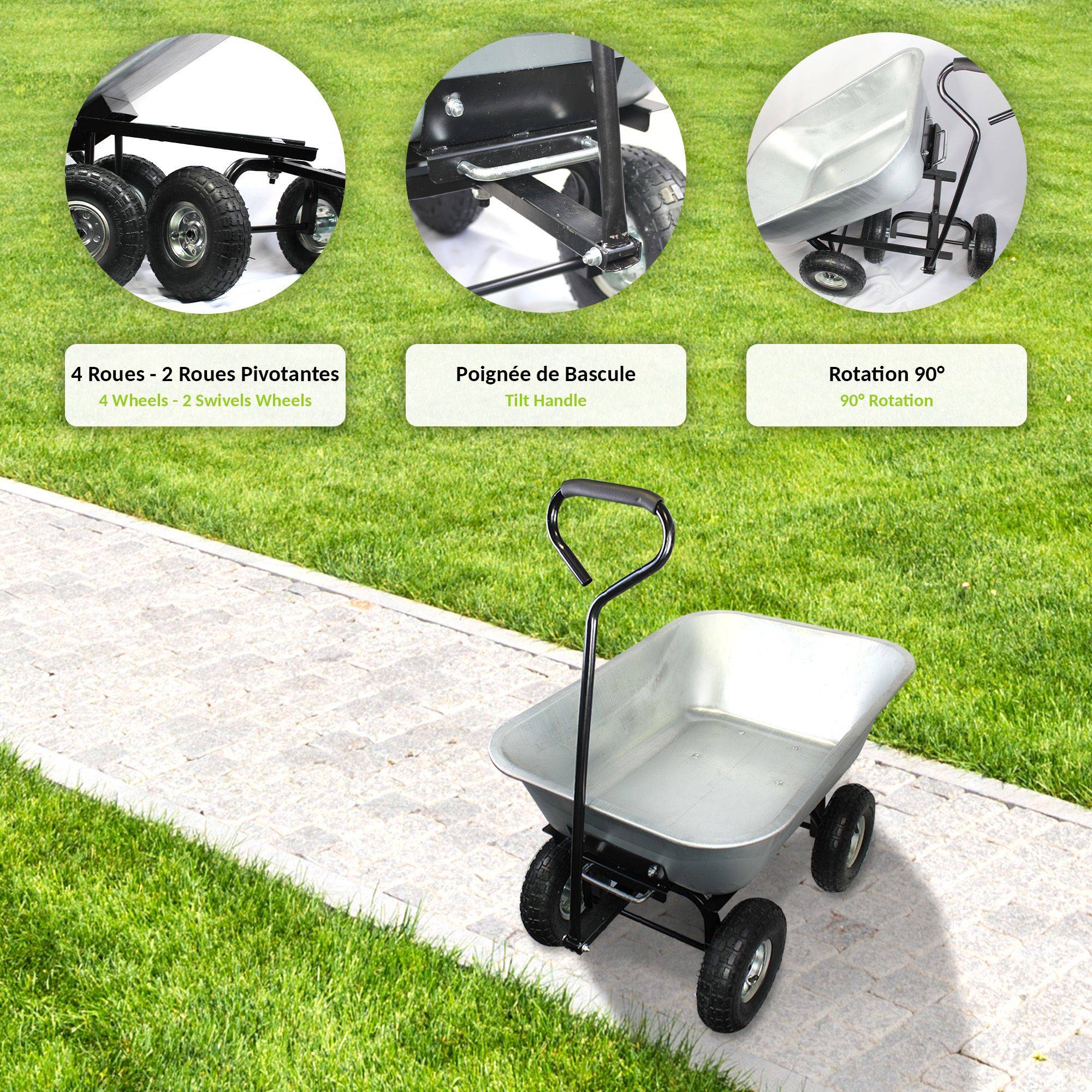 Brouette De Jardin 4 Roues 75 L Benne Basculante Métal Galvanisé Roues Gonflables Charge 250 kg - Image 6