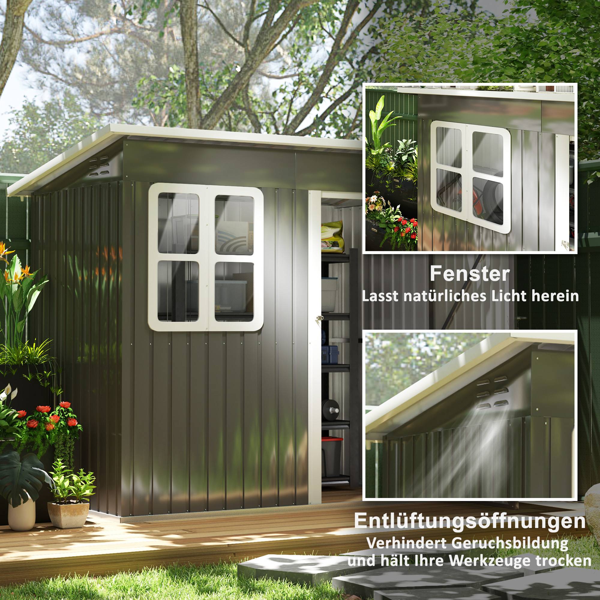 ComfortXL - Abri de jardin acier galvanisé extérieur rangement toit monopente 2,55m2 gris foncé - ComfortXL Outdoor Living - Image 5