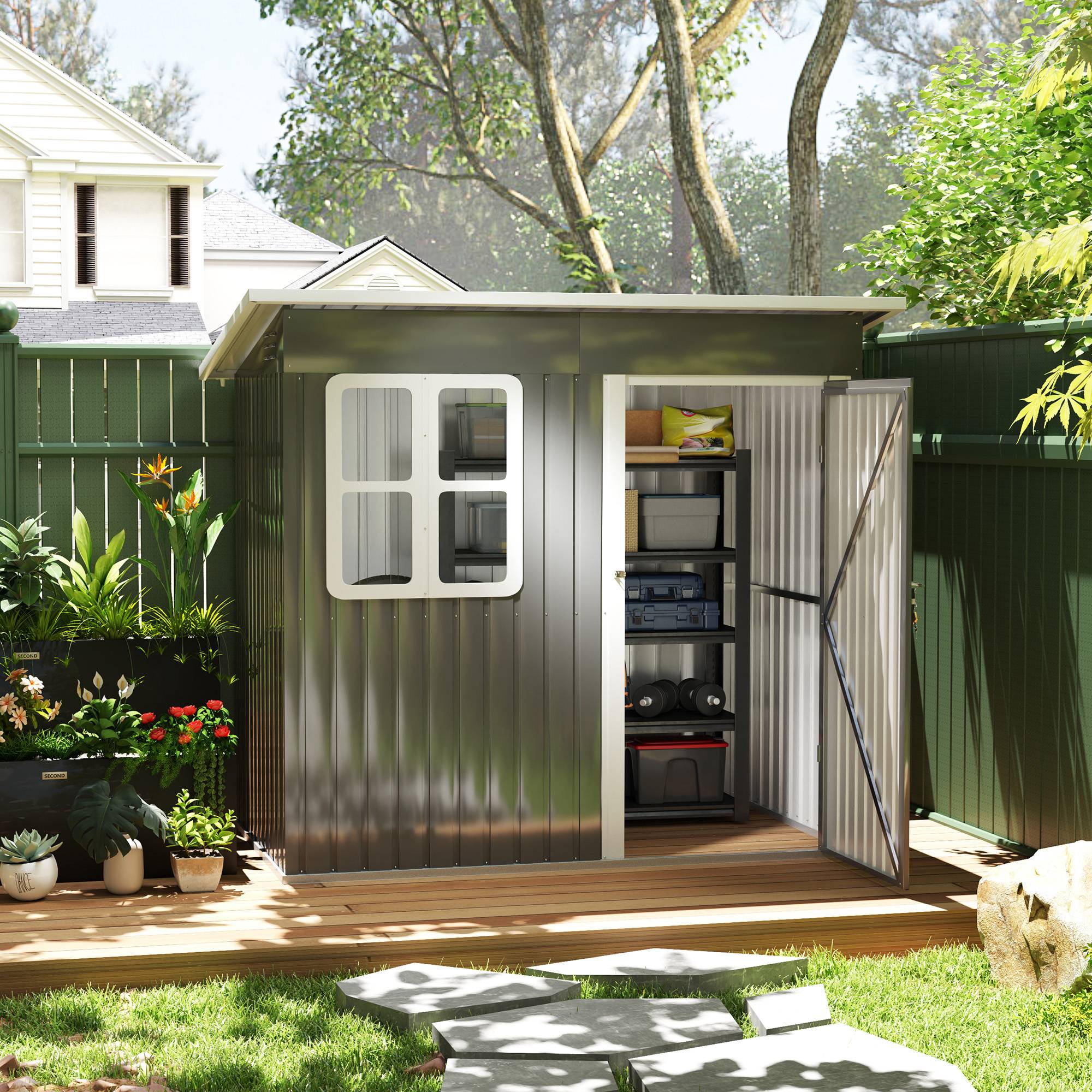 ComfortXL - Abri de jardin acier galvanisé extérieur rangement toit monopente 2,55m2 gris foncé - ComfortXL Outdoor Living - Image 1