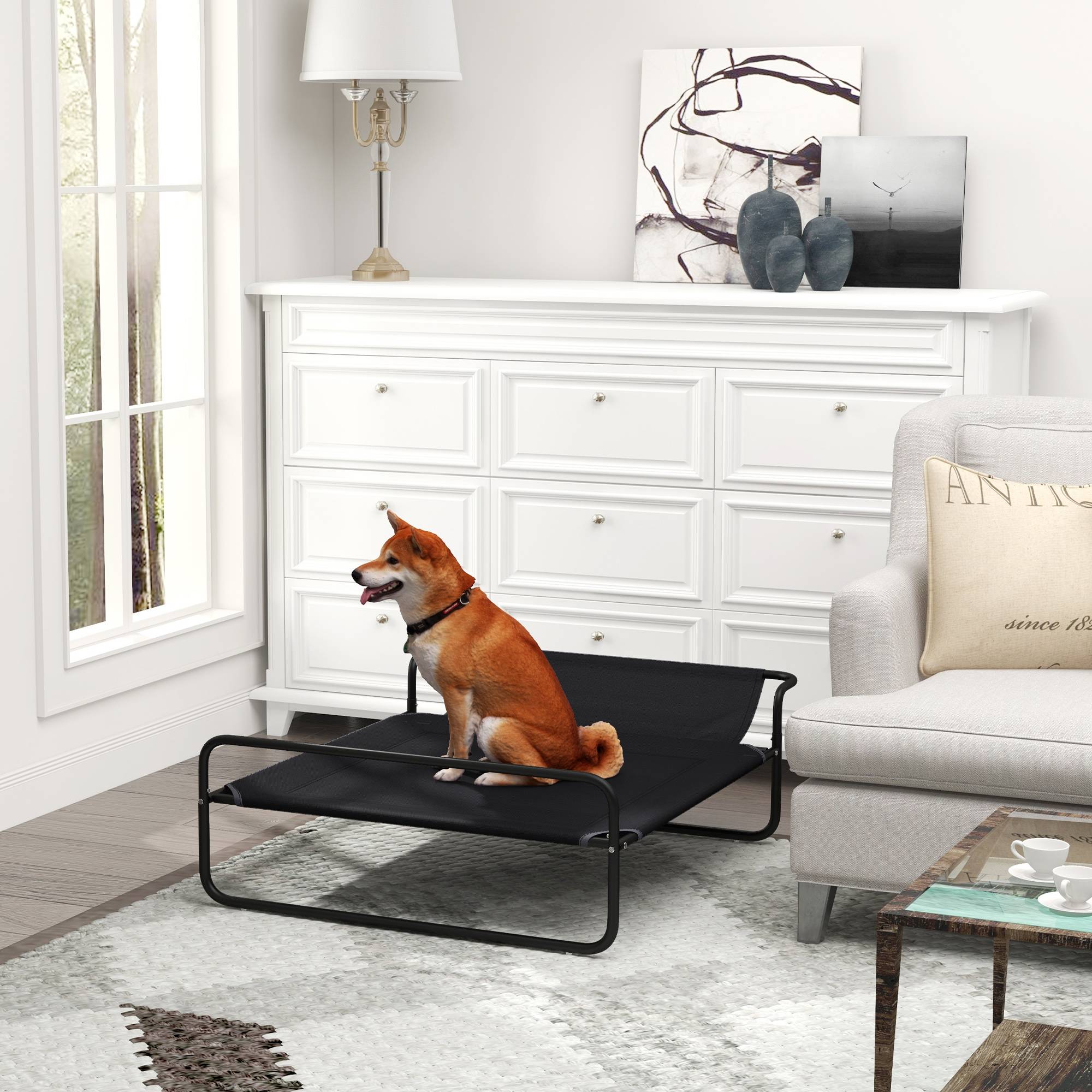 Lit surélevé chien Textilène extérieur intérieur rafraîchissant 106x81cm noir - ComfortXL Outdoor Living - Image 4