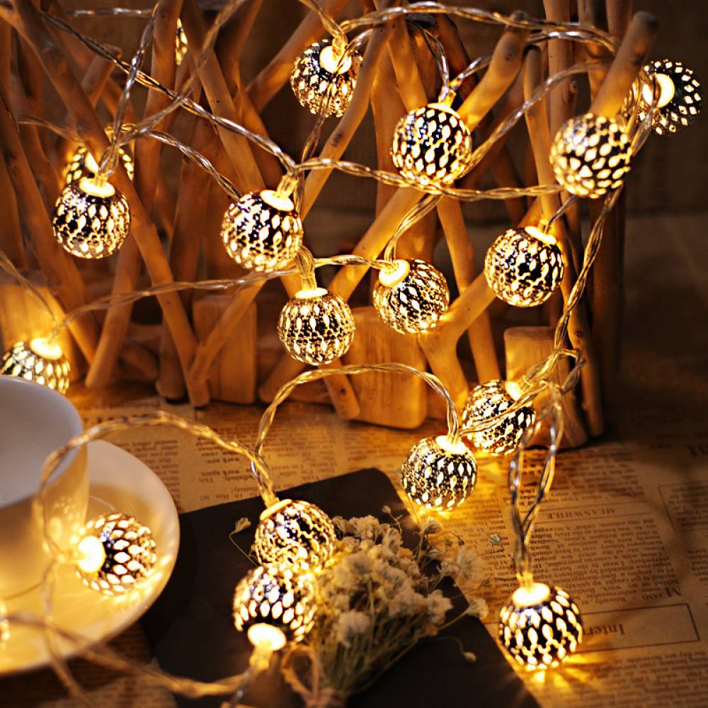 Guirlande lumineuse LED boule marocaine creuse, 5M 20 lumières LED blanc chaud, lumières de noël boules de fer, décoration de chambre - Image 2