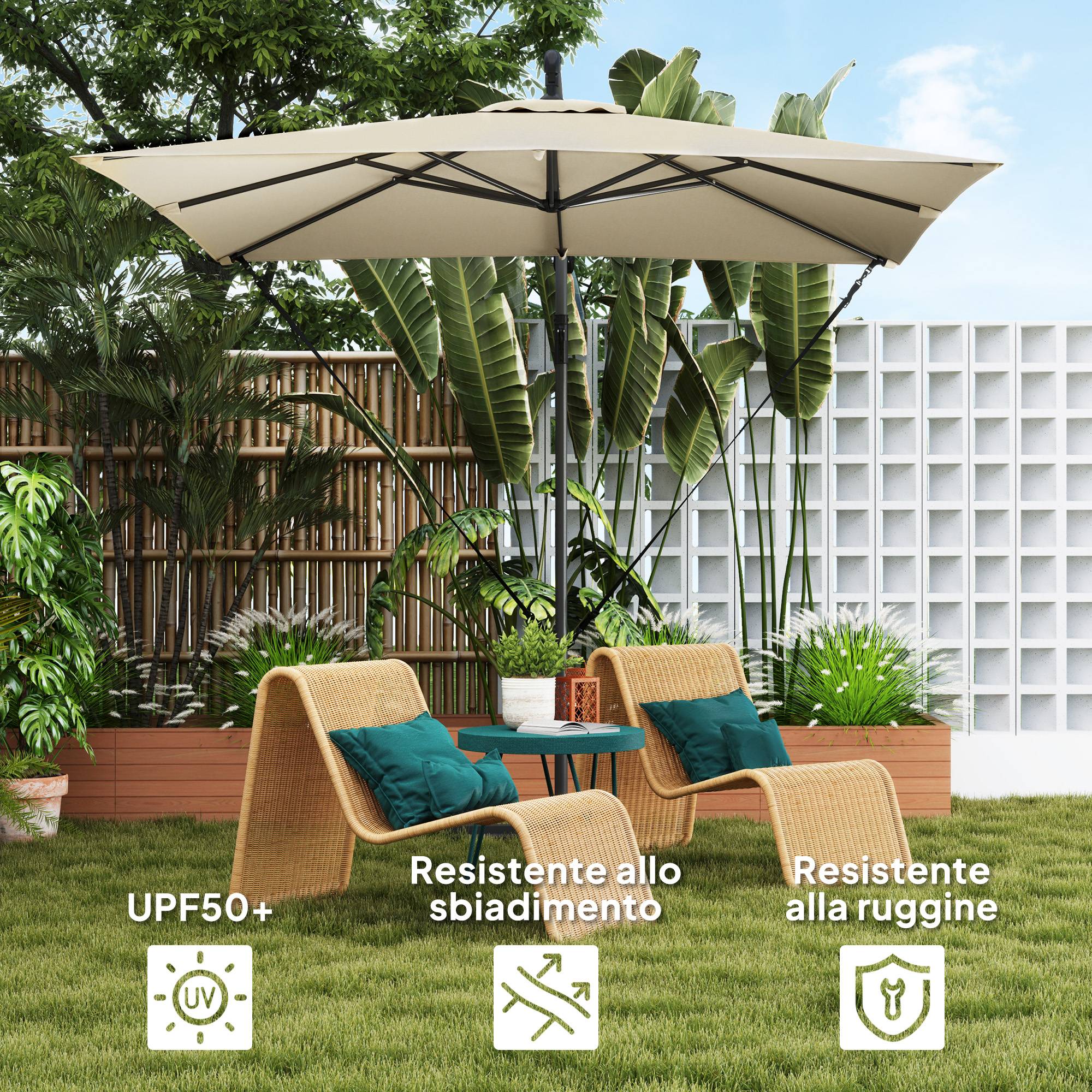 Parasol déporté 247 x 247 cm avec pied en croix et manivelle, en métal et polyester, couleur kaki - Image 7