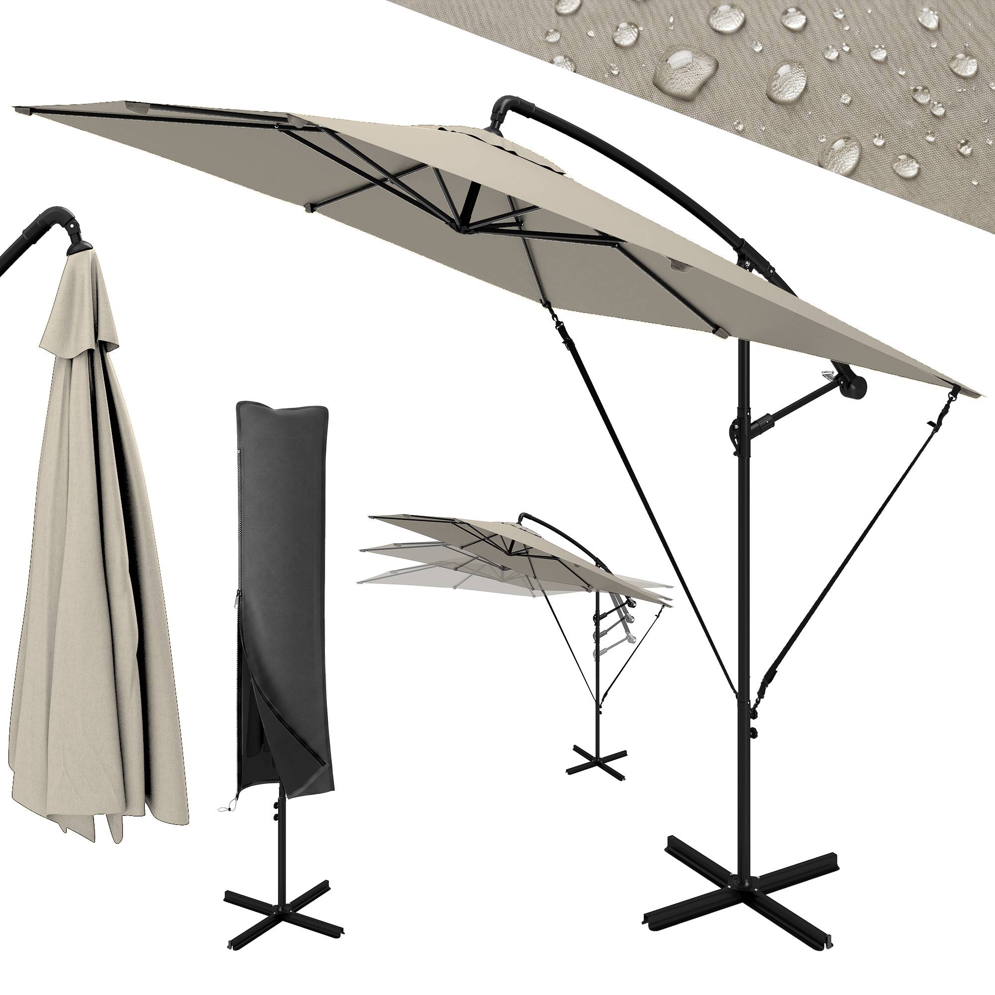 Parasol déporté 247 x 247 cm avec pied en croix et manivelle, en métal et polyester, couleur kaki - Image 2