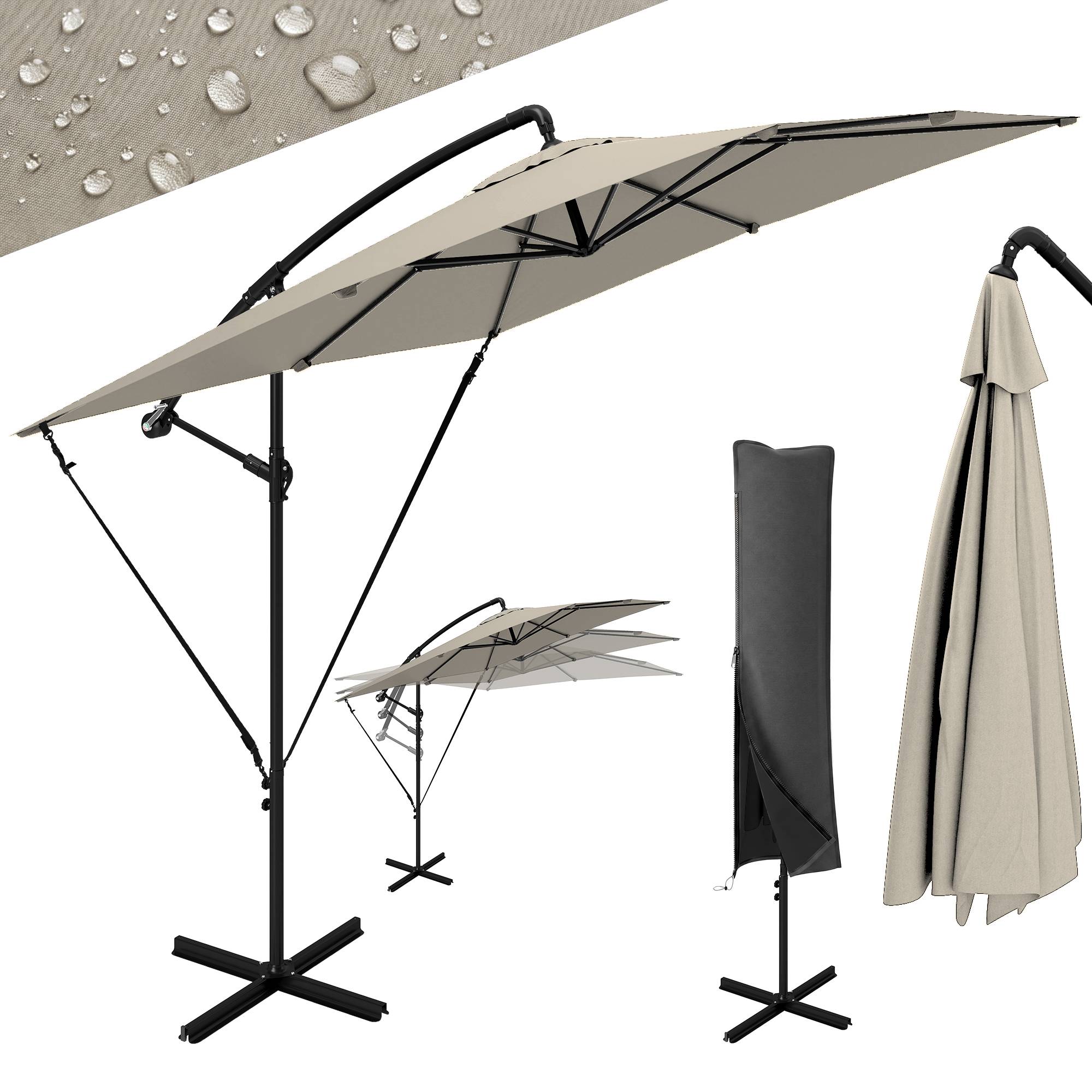 Parasol déporté 247 x 247 cm avec pied en croix et manivelle, en métal et polyester, couleur kaki - Image 1