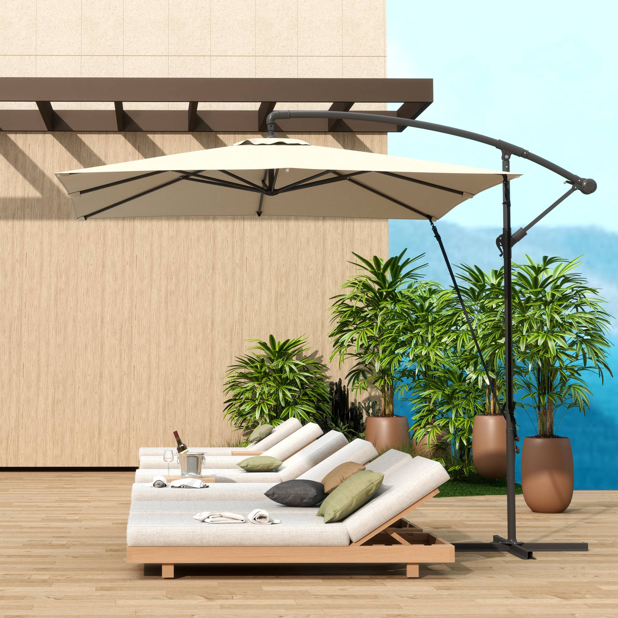 Parasol déporté 247 x 247 cm avec pied en croix et manivelle, en métal et polyester, couleur kaki - Image 3