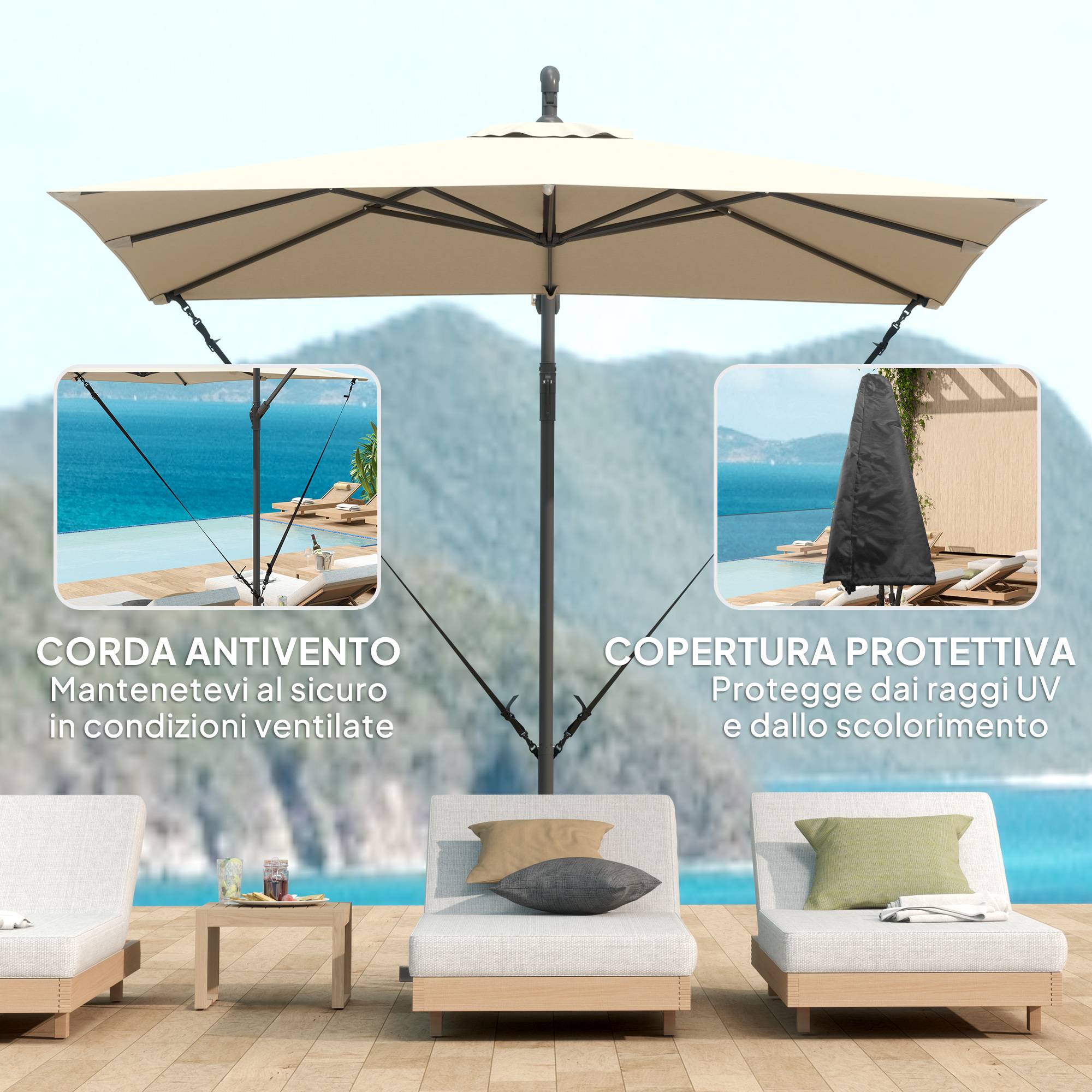 Parasol déporté 247 x 247 cm avec pied en croix et manivelle, en métal et polyester, couleur kaki - Image 6