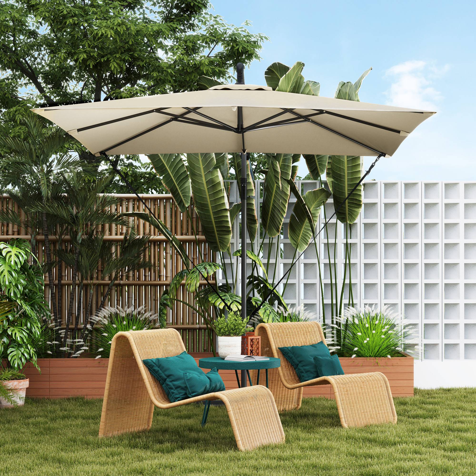 Parasol déporté 247 x 247 cm avec pied en croix et manivelle, en métal et polyester, couleur kaki - Image 4