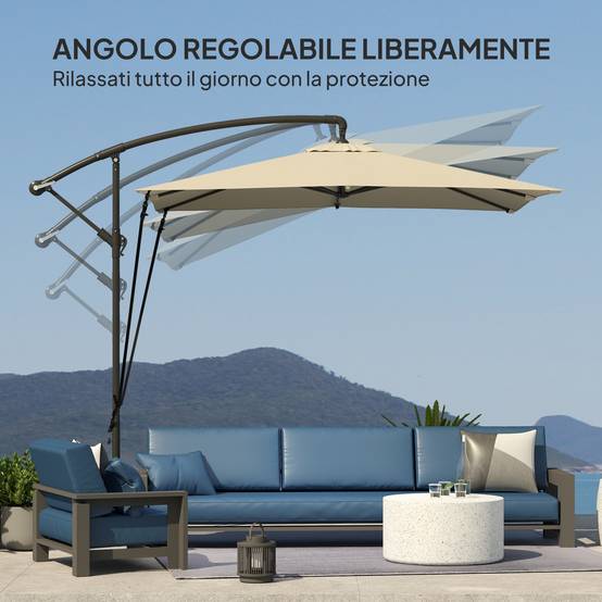 Parasol déporté 247 x 247 cm avec pied en croix et manivelle, en métal et polyester, couleur kaki - Image 8