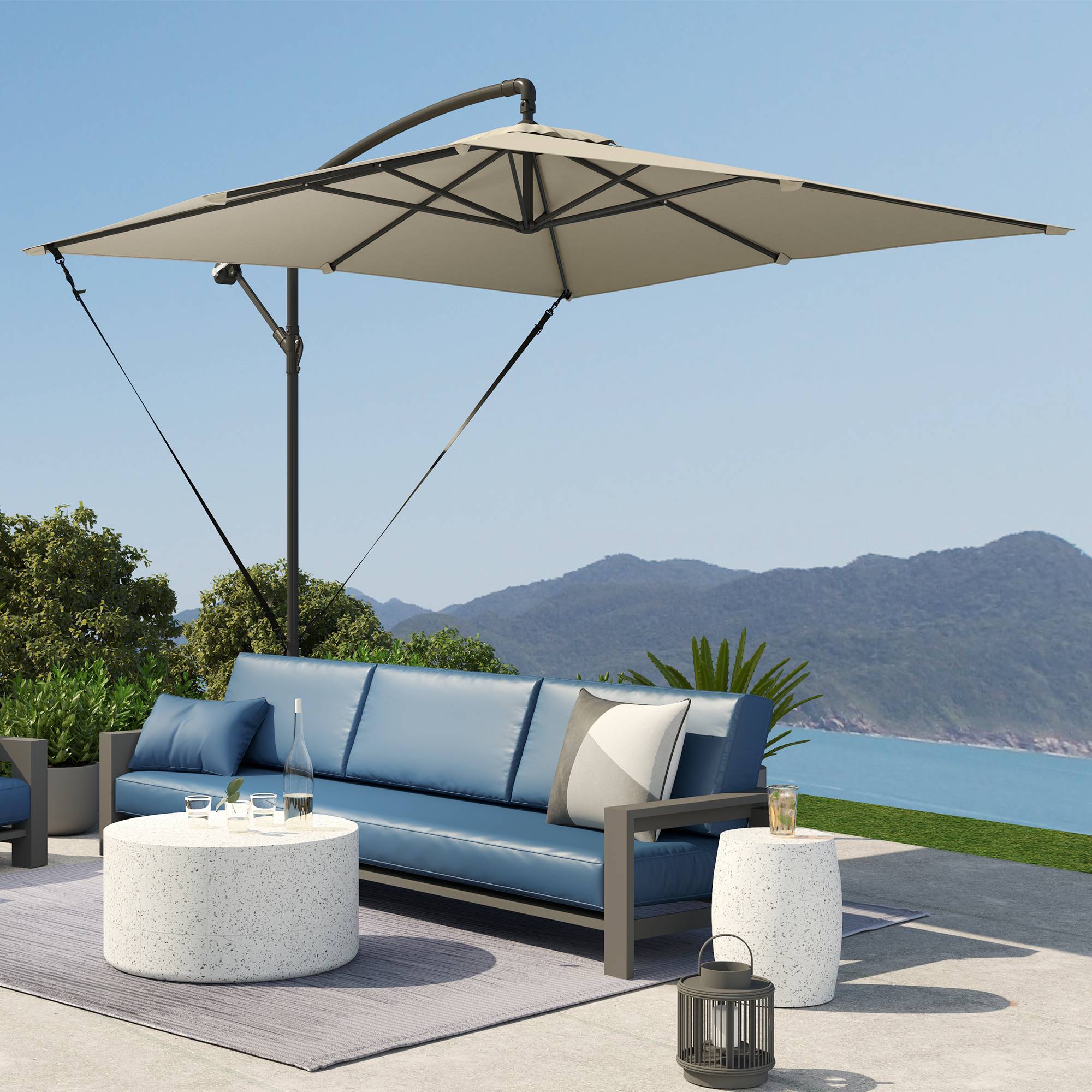 Parasol déporté 247 x 247 cm avec pied en croix et manivelle, en métal et polyester, couleur kaki - Image 10