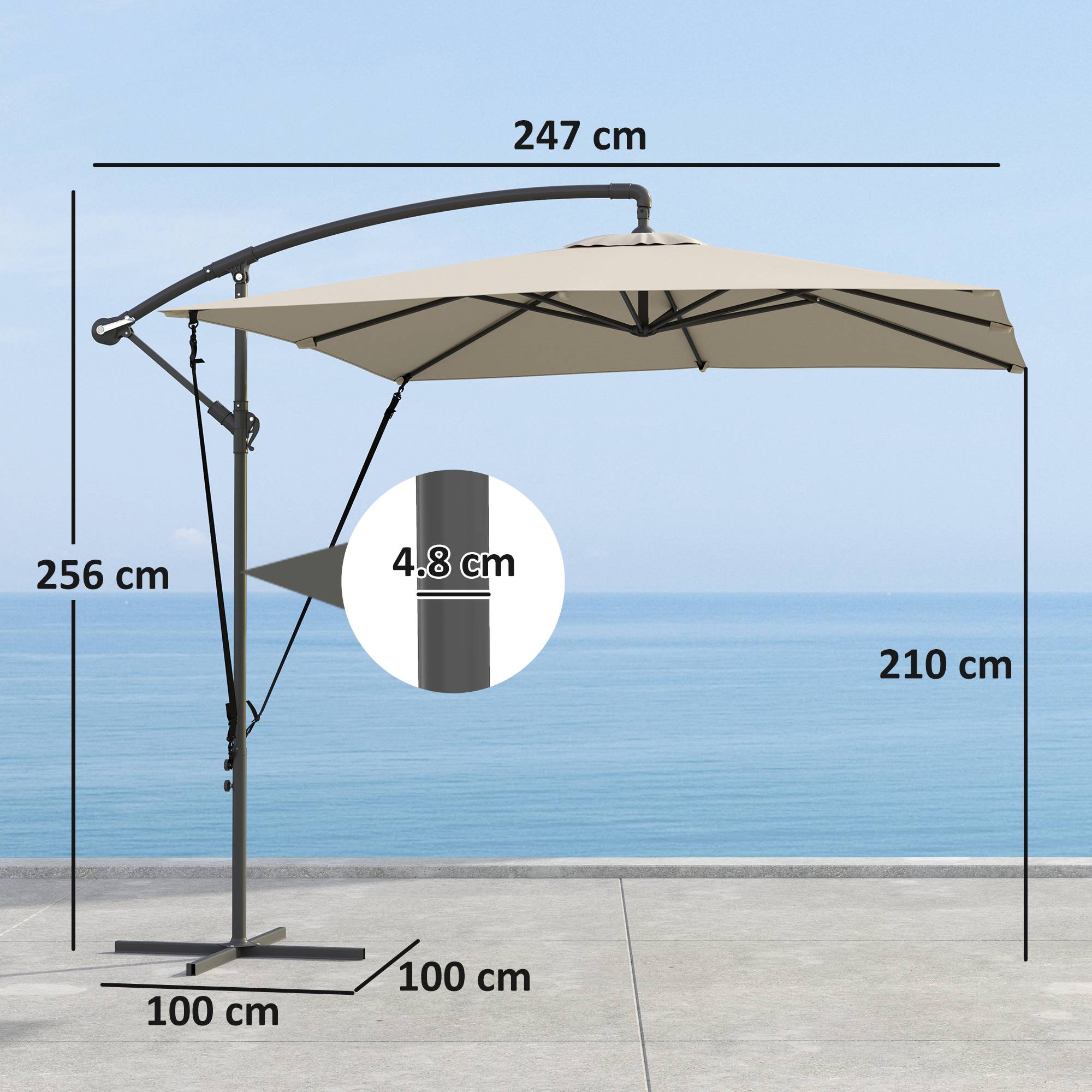 Parasol déporté 247 x 247 cm avec pied en croix et manivelle, en métal et polyester, couleur kaki - Image 5