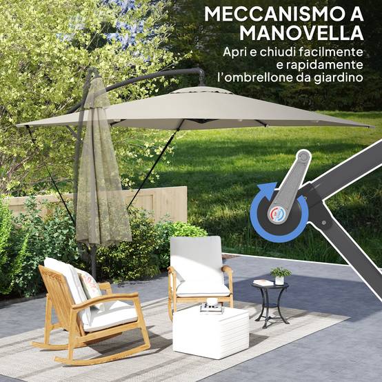 Parasol déporté 247 x 247 cm avec pied en croix et manivelle, en métal et polyester, couleur kaki - Image 9