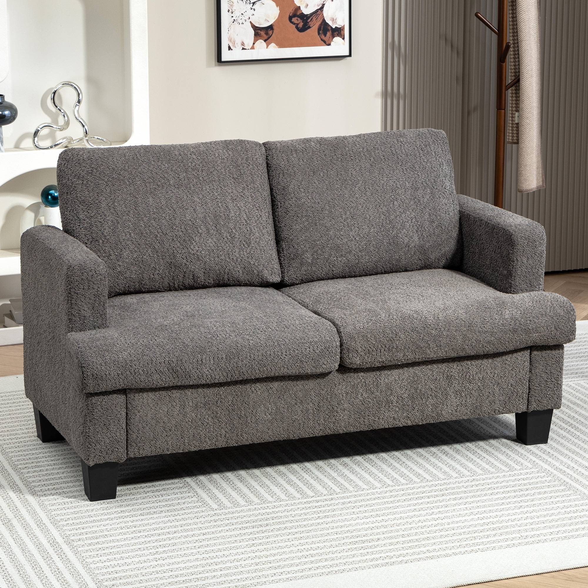 Canapé 2 places 120 cm avec coussins de dossier amovibles, tissu chenille pour salon, chambre, bureau, gris foncé - Image 9