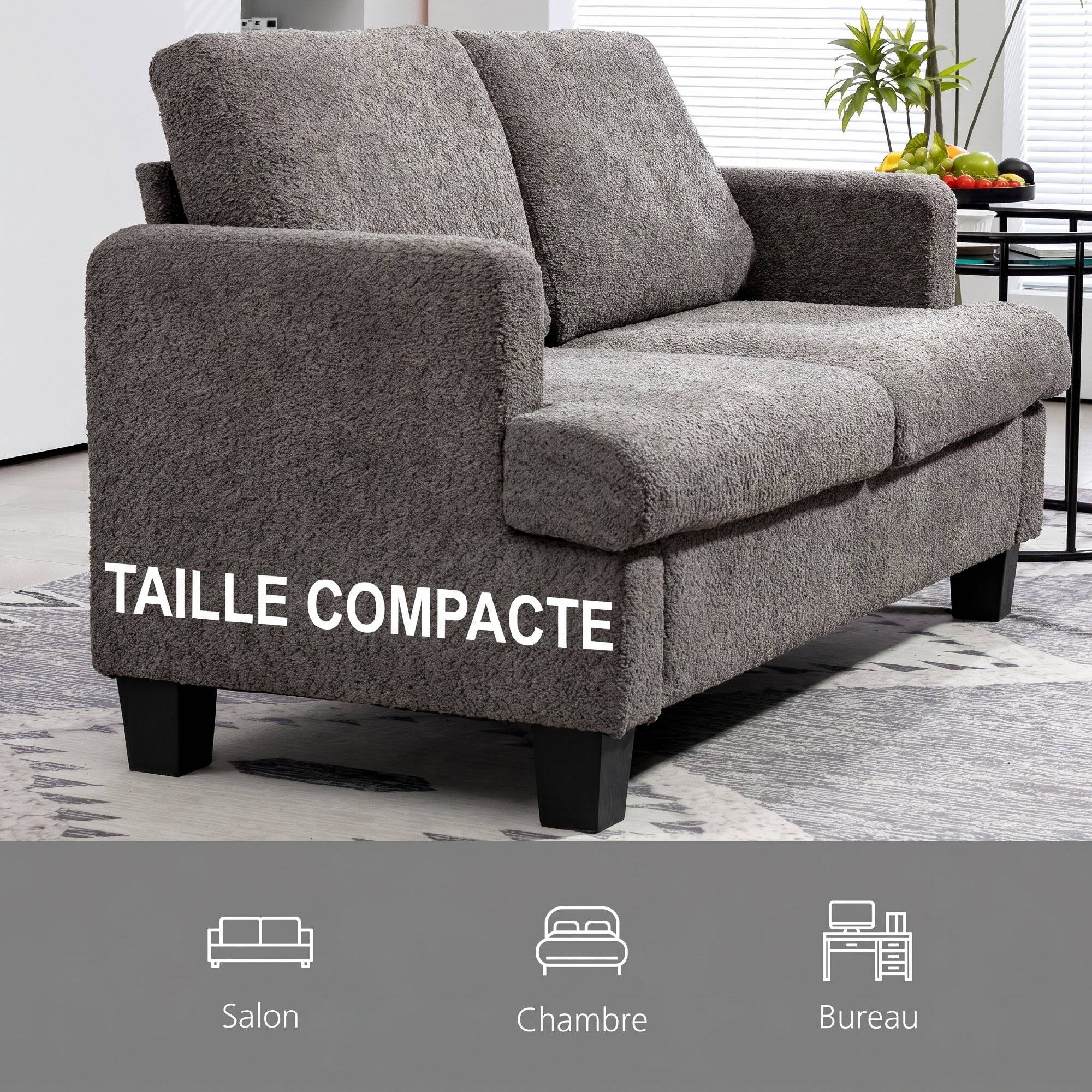 Canapé 2 places 120 cm avec coussins de dossier amovibles, tissu chenille pour salon, chambre, bureau, gris foncé - Image 8