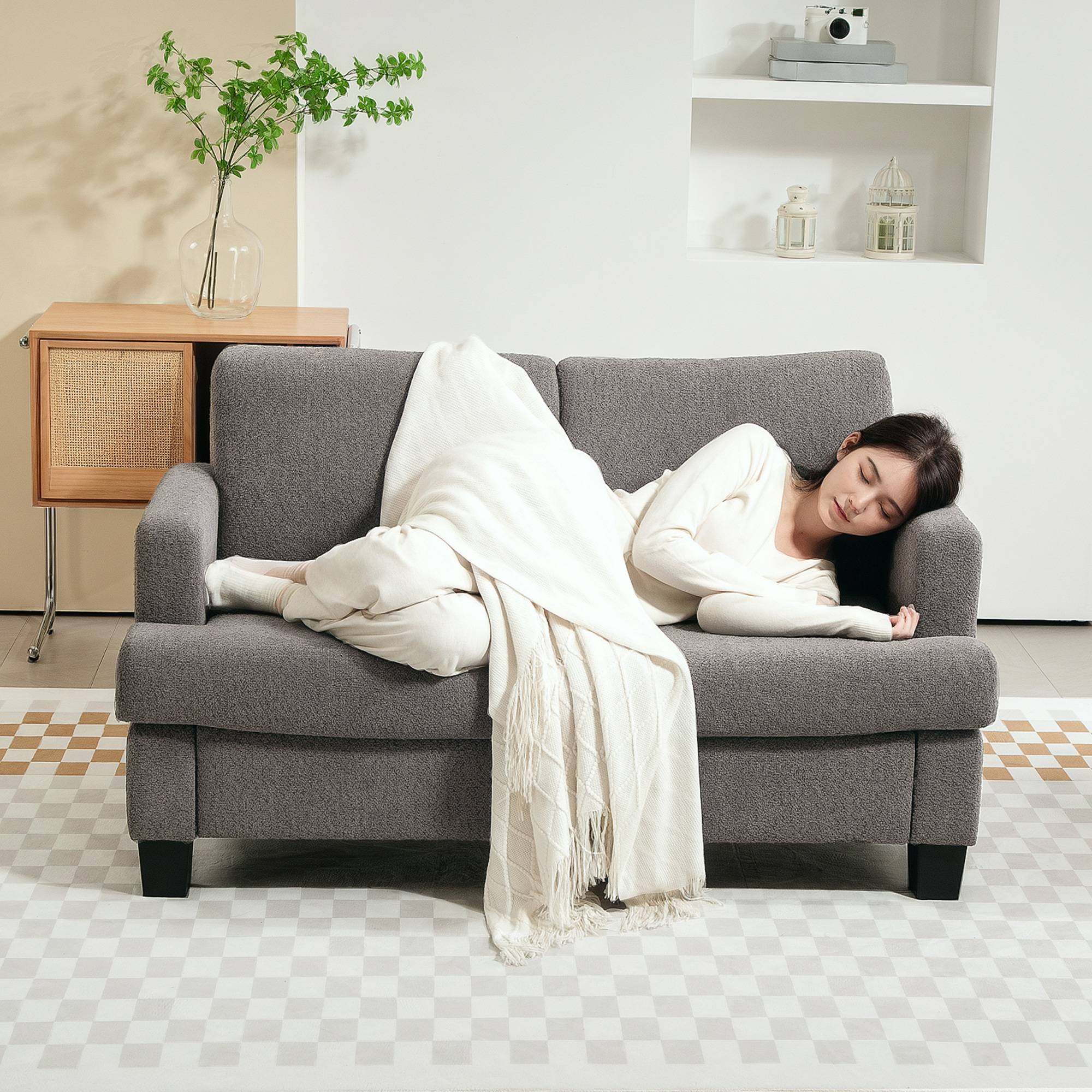 Canapé 2 places 120 cm avec coussins de dossier amovibles, tissu chenille pour salon, chambre, bureau, gris foncé - Image 10