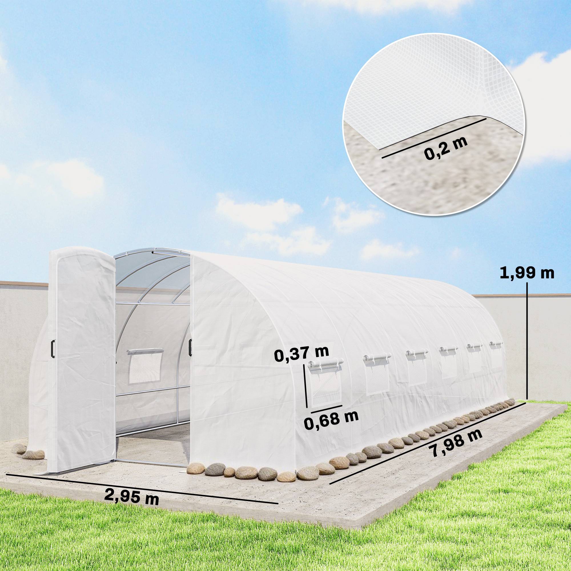 Serre tunnel de jardin 24m², serre de jardin tunnel avec portes et 12 fenêtres avec moustiquaires, 295x798x199cm, blanc - Image 5