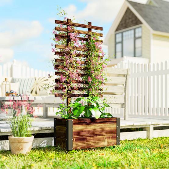Sans Marque - Jardinière surélevée treillis 4 roulettes bois massif traité 65x31x147 cm noir/marron - Image 3