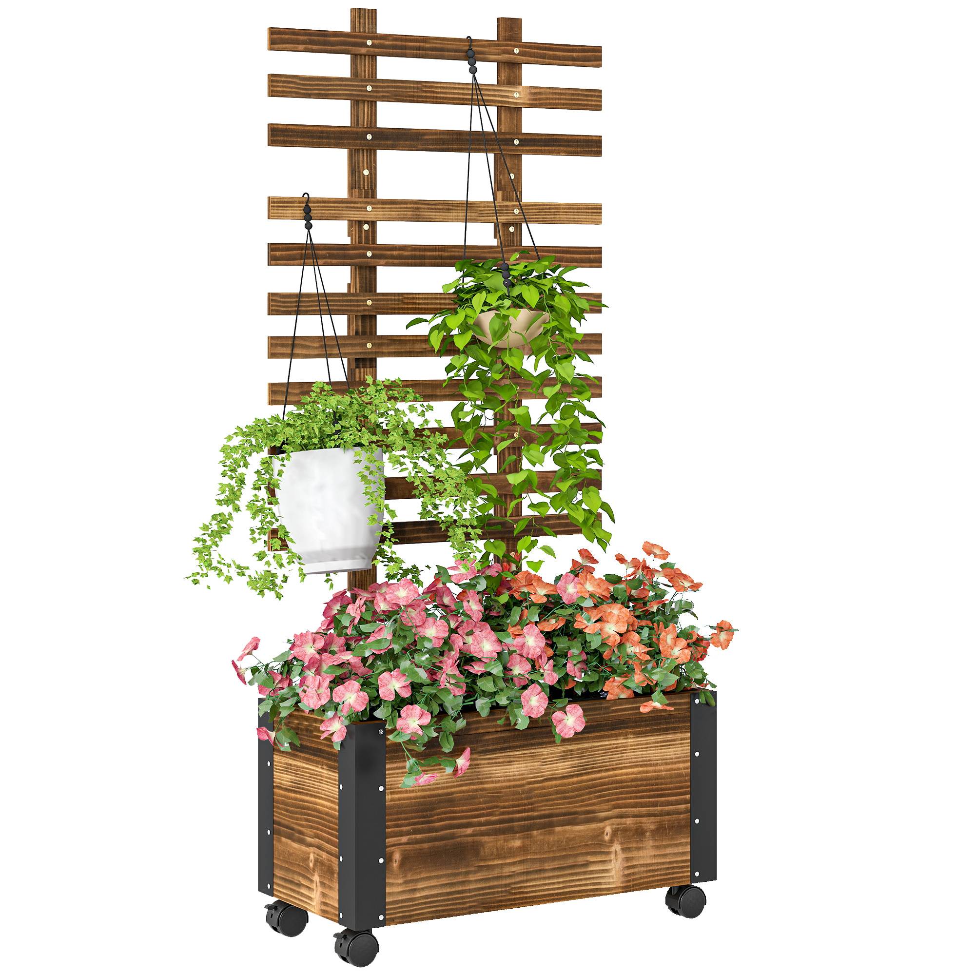 Sans Marque - Jardinière surélevée treillis 4 roulettes bois massif traité 65x31x147 cm noir/marron - Image 1