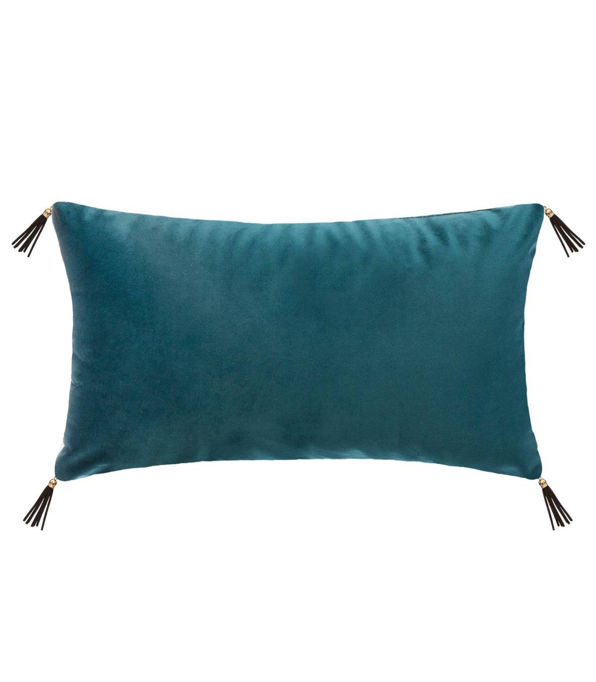 Coussin déhoussable Velours Bleu canard avec Pompons 30 x 50 cm - Image 2