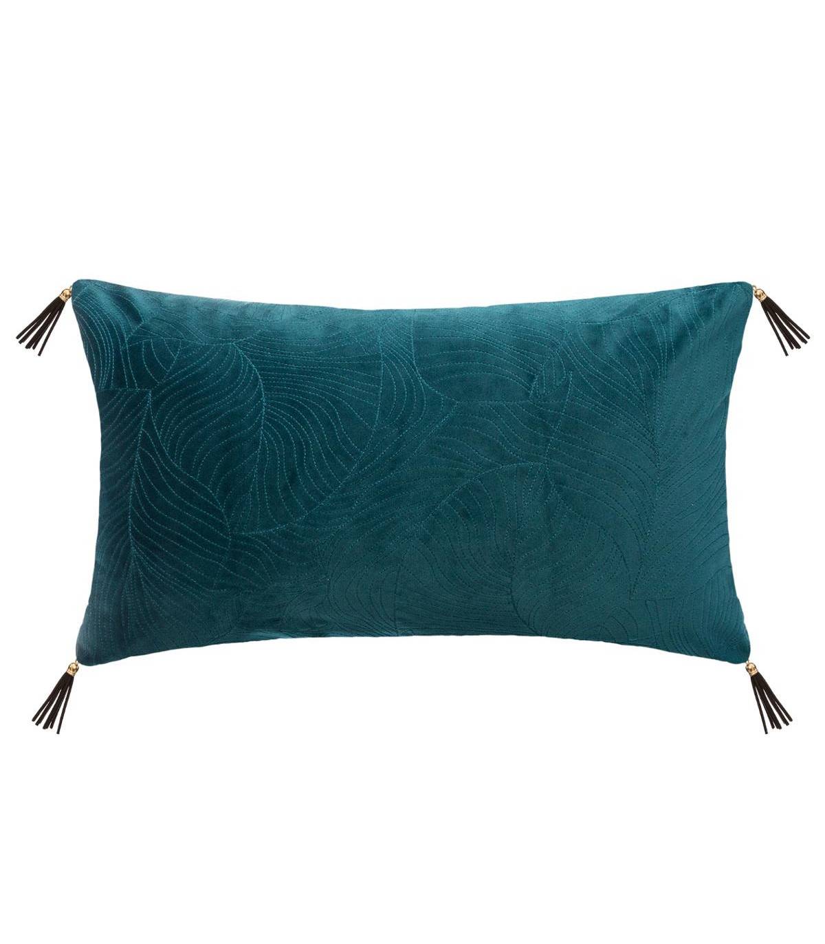 Coussin déhoussable Velours Bleu canard avec Pompons 30 x 50 cm - Image 1