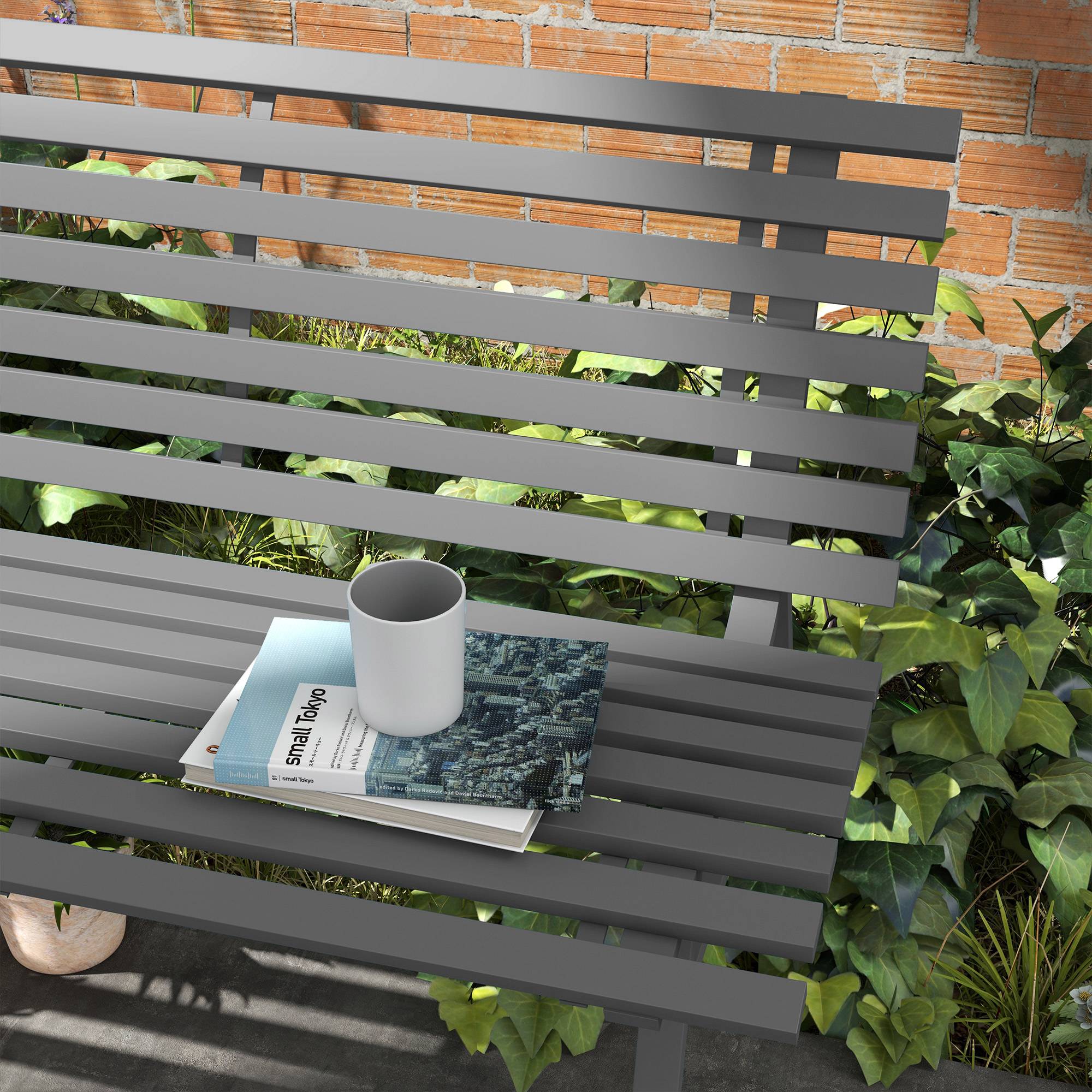 Banc de jardin, banc de parc, design à lattes, résistant aux intempéries, aluminium, 123 x 67 x 79 cm, gris - Image 9