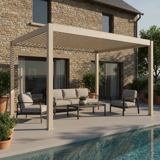 Oviala - Pergola bioclimatique autoportée motorisée et éclairée 3x4 m crème Kavala - Oviala - Image 1