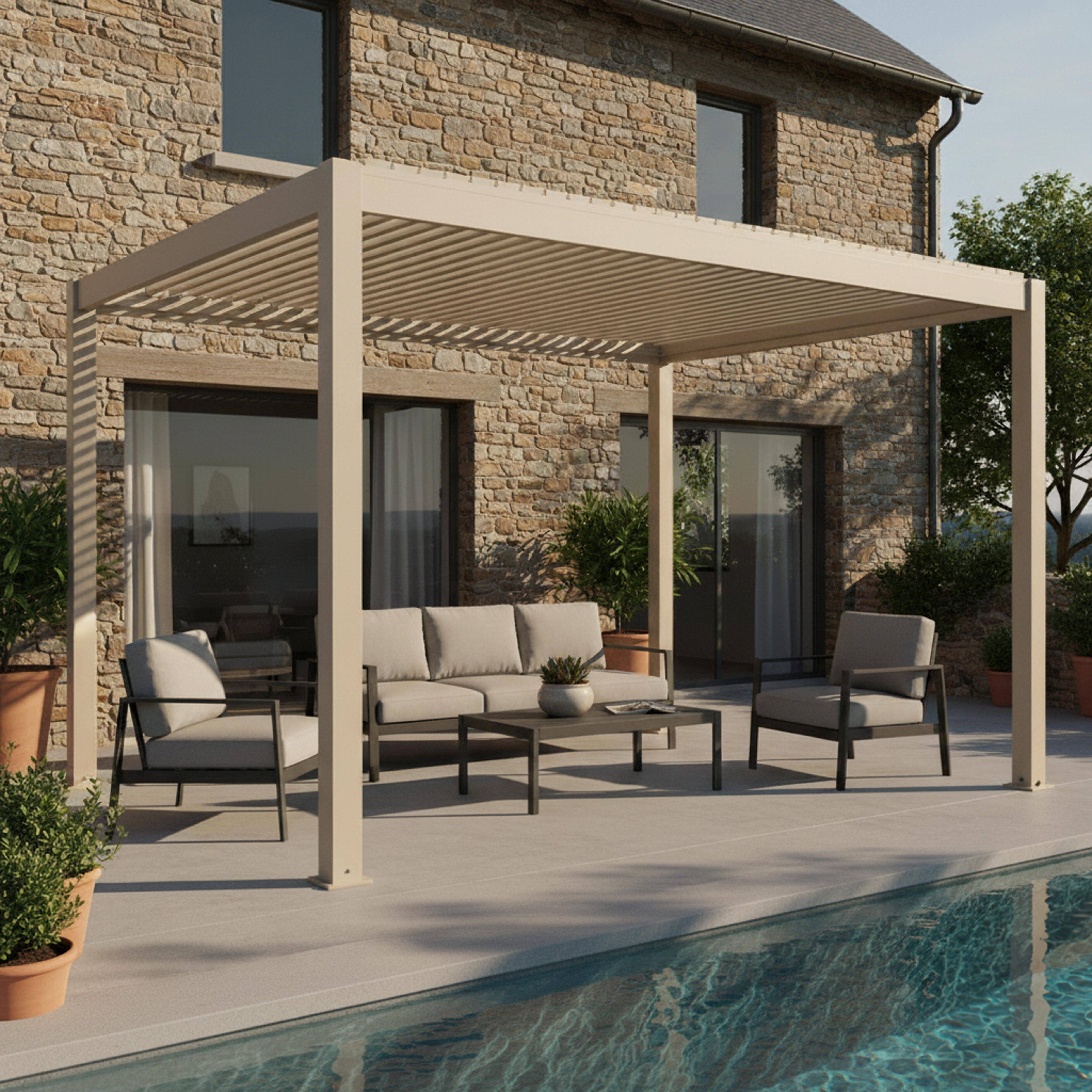 Oviala - Pergola bioclimatique autoportée motorisée et éclairée 3x4 m crème Kavala - Oviala - Image 1