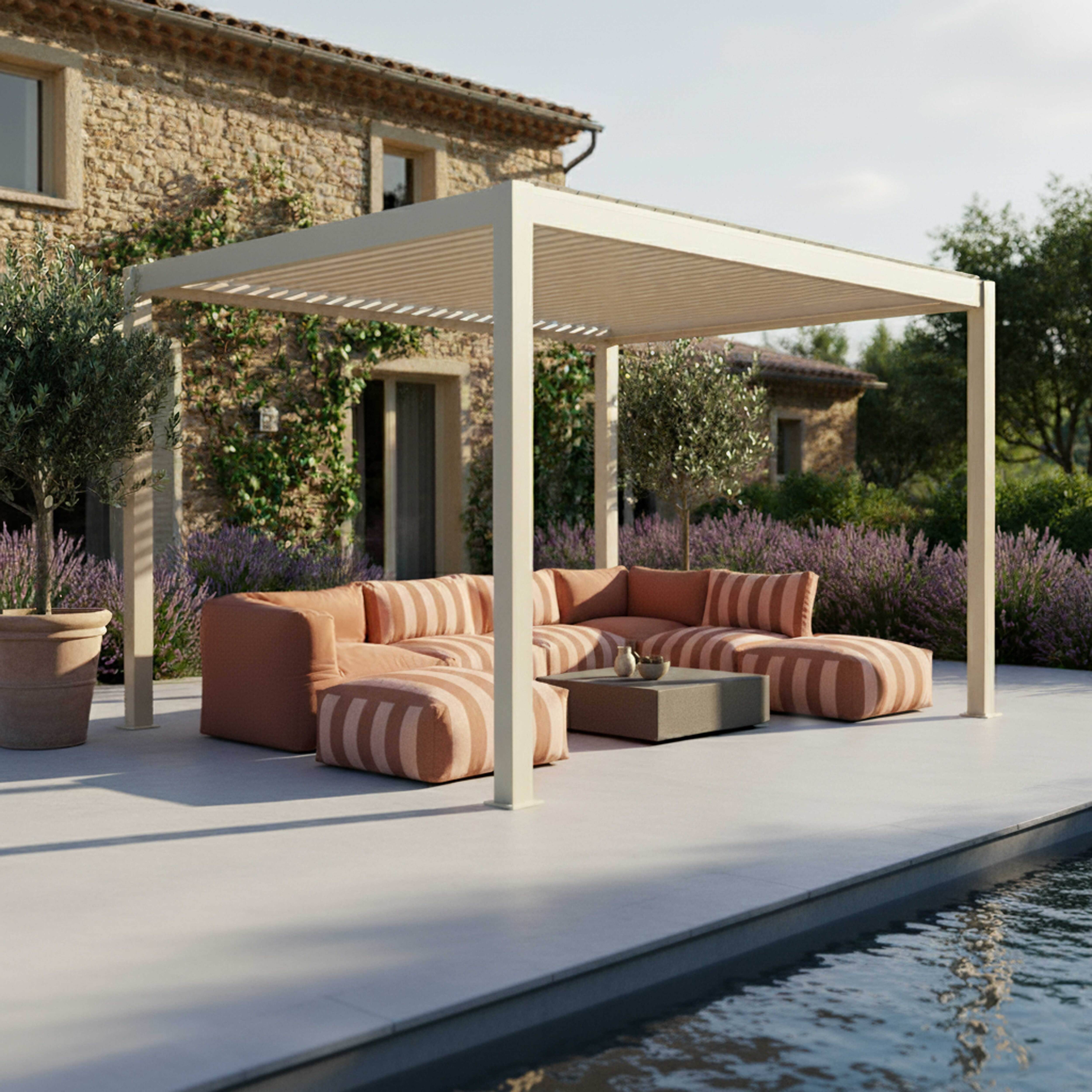 Oviala - Pergola bioclimatique autoportée motorisée et éclairée 3x4 m crème Kavala - Oviala - Image 5