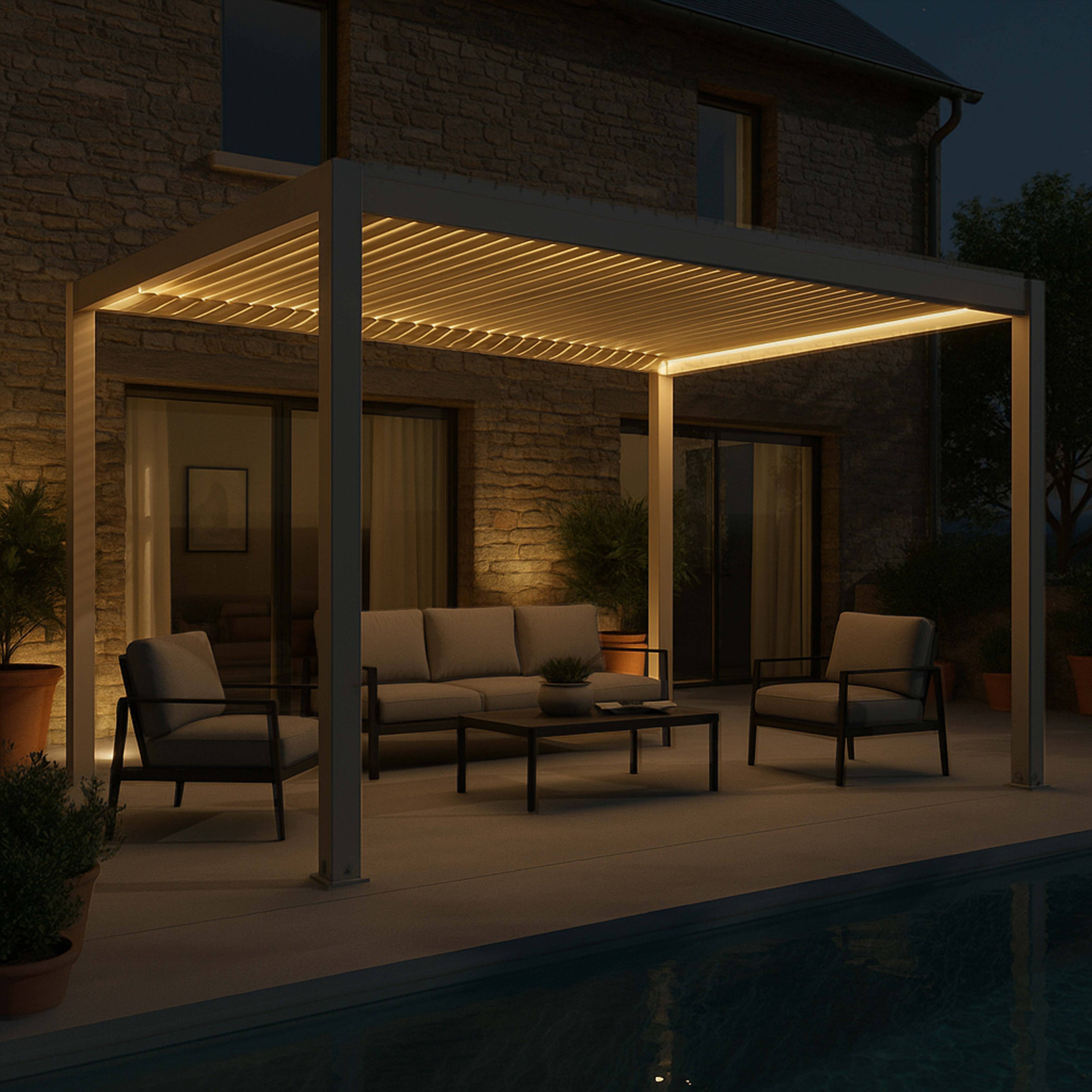 Oviala - Pergola bioclimatique autoportée motorisée et éclairée 3x4 m crème Kavala - Oviala - Image 3