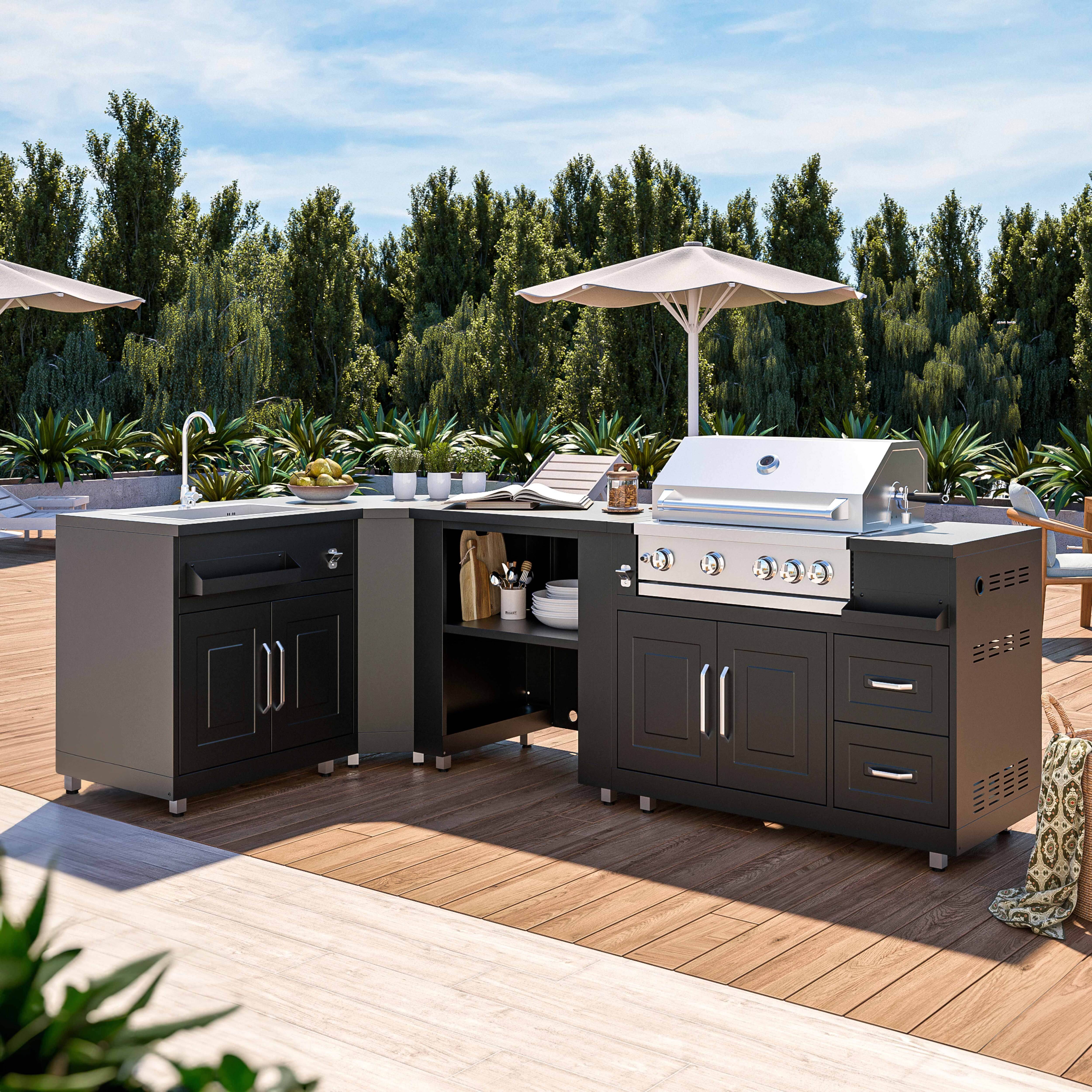 Oviala - Cuisine d'extérieur angle 4 éléments avec évier et barbecue Memphis - Oviala