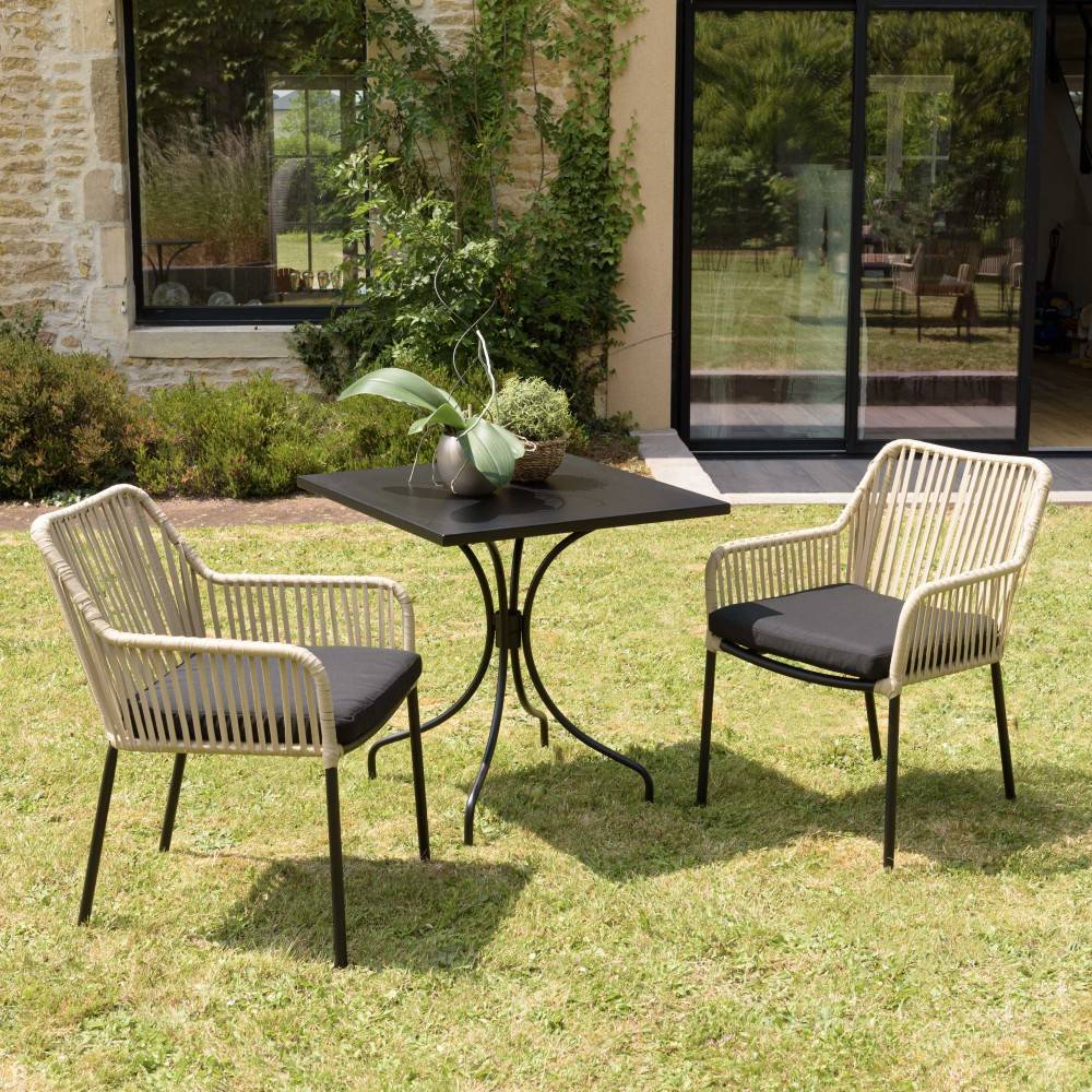 Macabane - MALO - Ensemble de jardin - table 70x70cm et 2 fauteuils beiges noirs - Image 2