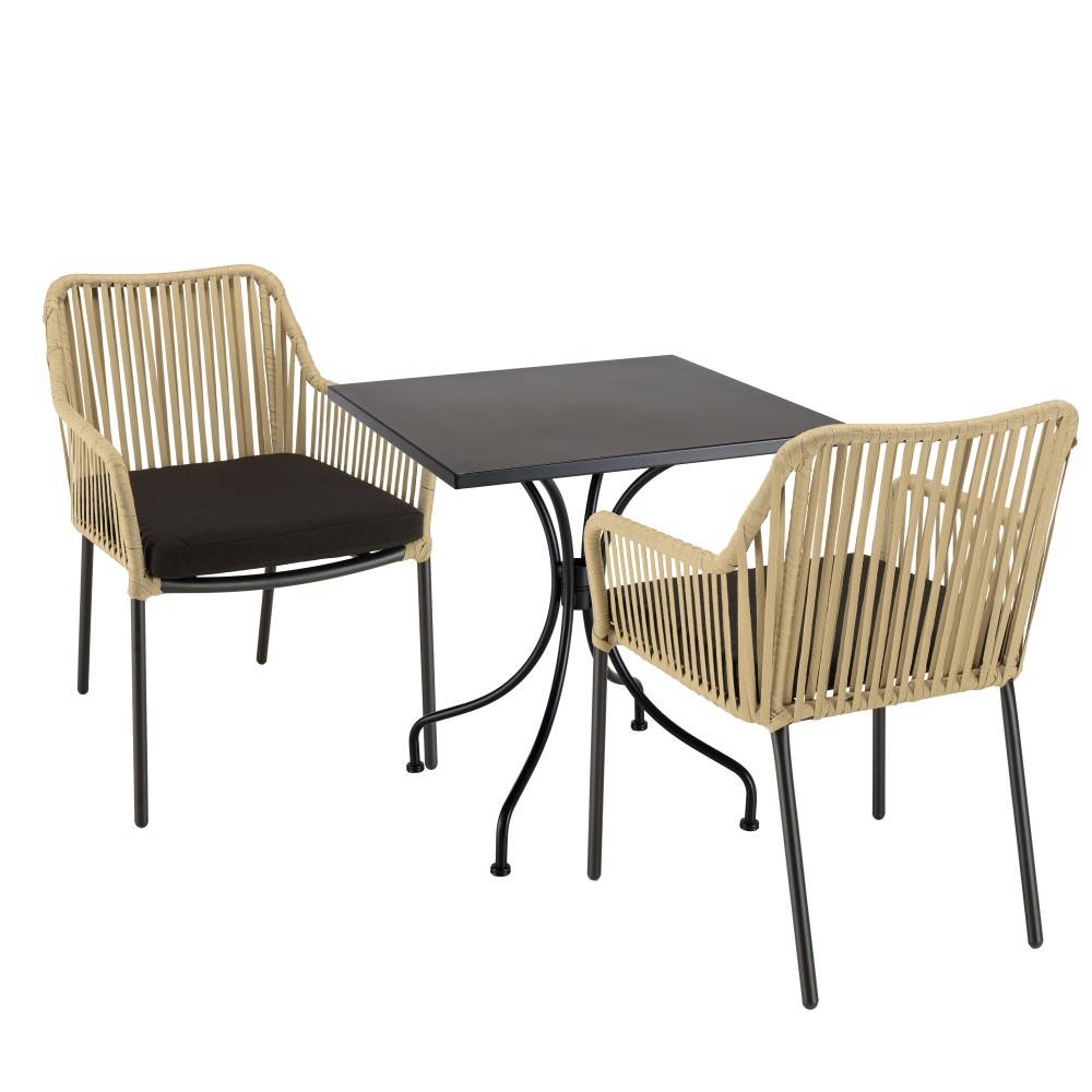 Macabane - MALO - Ensemble de jardin - table 70x70cm et 2 fauteuils beiges noirs - Image 1